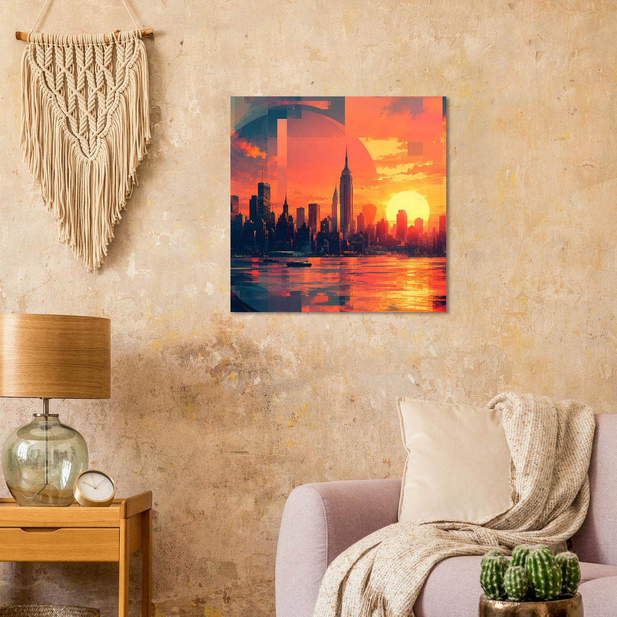 Quadratisches Wandposter mit Skyline-Silhouette, Sonne am Horizont und Wasserspiegelung.