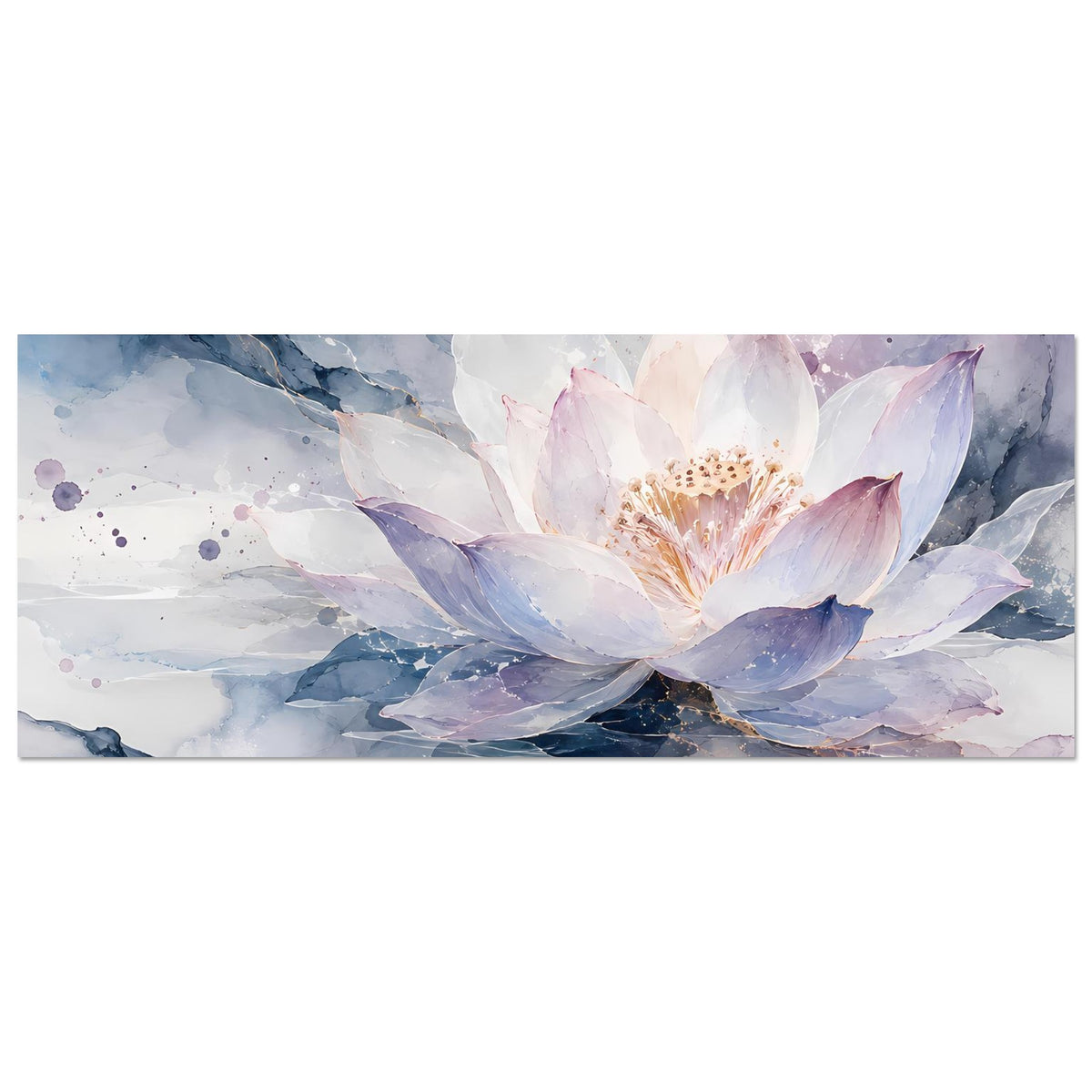 Horizontales Blumenposter mit Lotusblüte: weiß-lila Blüten, blaue Berge, Farbkleckse