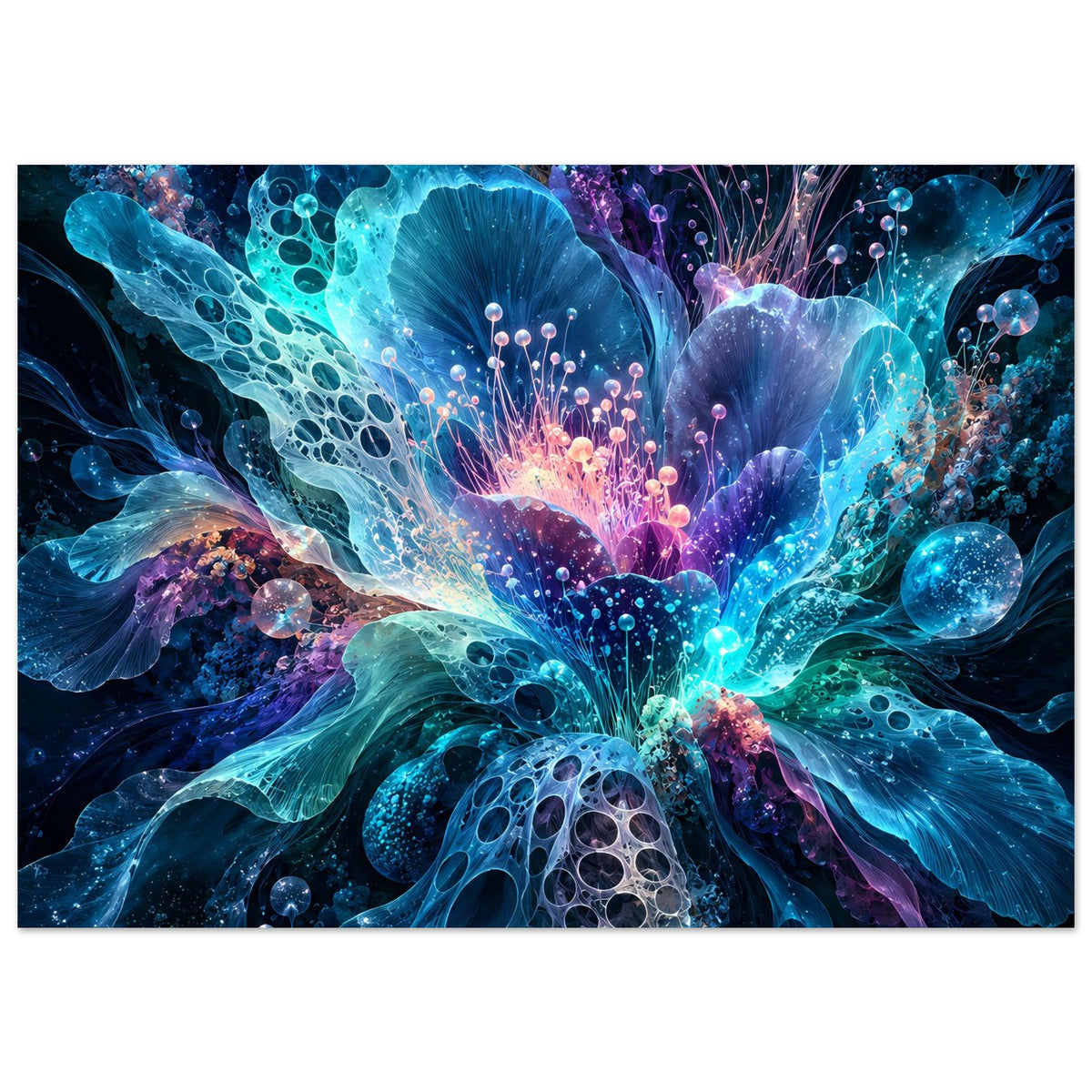 Leuchtendes digitales Blumenposter, horizontales Format mit leuchtender Zentralblüte