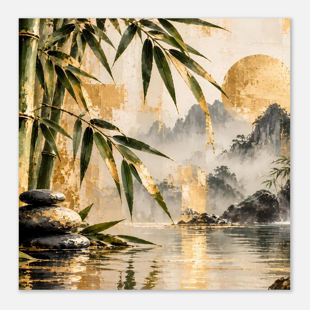 Bambus-Wasserfallposter mit goldenen Reflexen, grünem Bambus und felsiger Uferlandschaft
