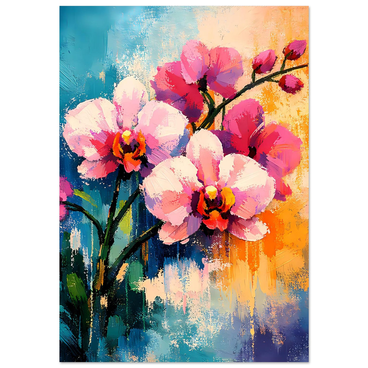 Senkrechtes Blumenposter: mehrere Orchideenblüten in Pink, Weiß und Rot auf farbigem Hintergrund
