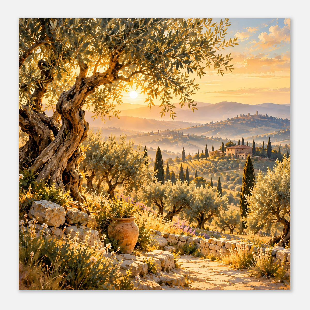 Posterdruck im Querformat an weißer Wand: goldenes Landschaftspanorama mit Olivenbaum und Sonne