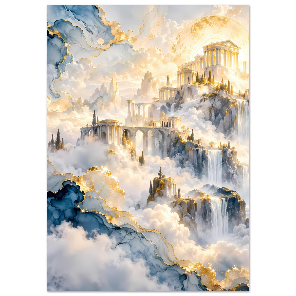 Vertikales Poster: felsige Höhen mit Tempelbauten, Wolken, blauem Farbton und goldenem Licht