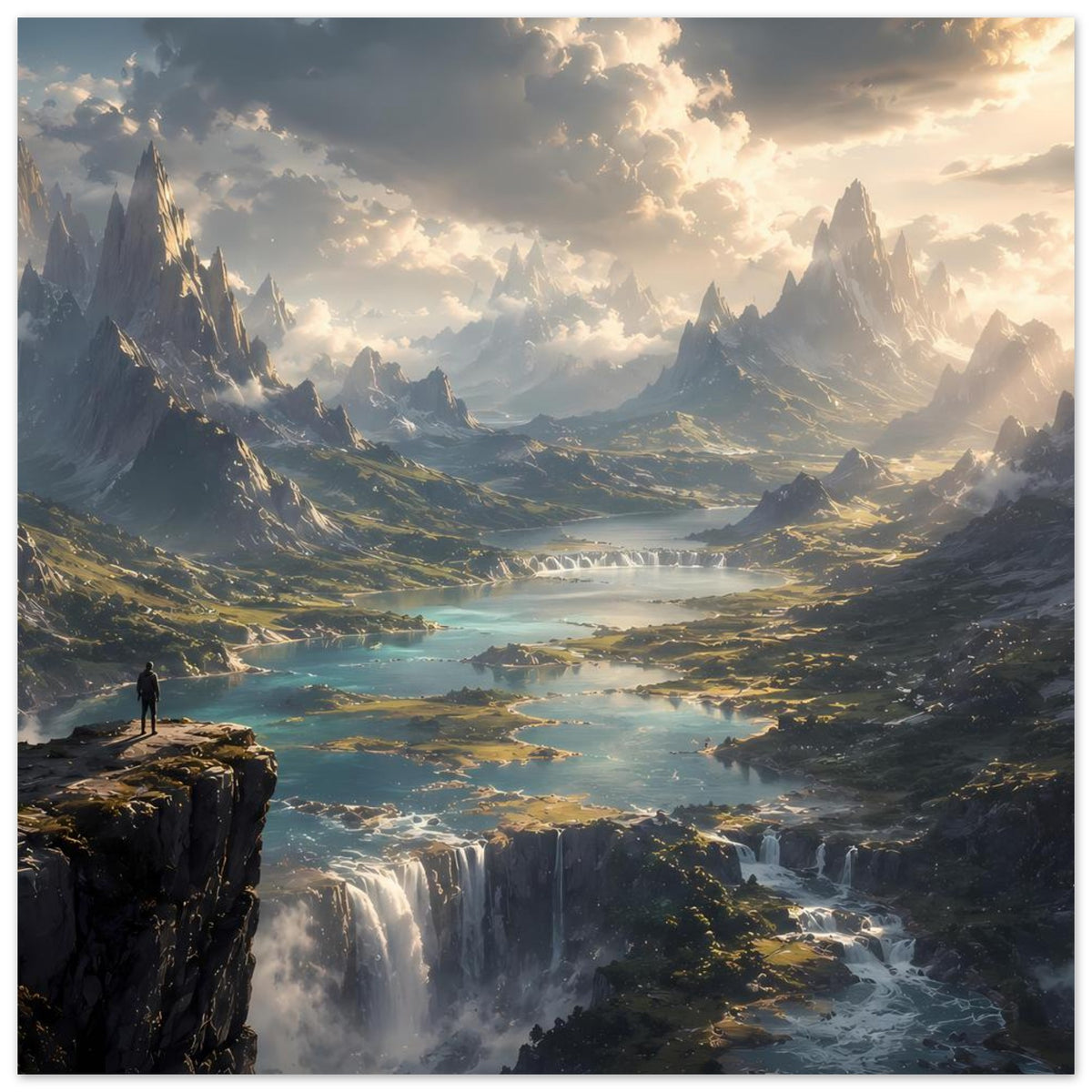 Landschaftsposter: Bergtal mit Fluss, Wasserfällen und Personensilhouette bei goldenem Himmel