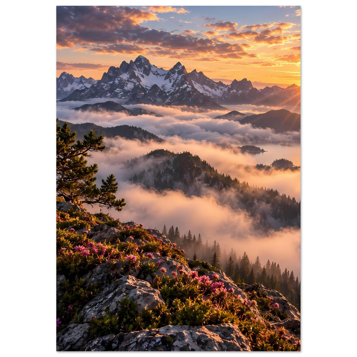 Vertikales Wandposter mit Bergpanorama bei Sonnenaufgang, Tanne und Nebel im Tal