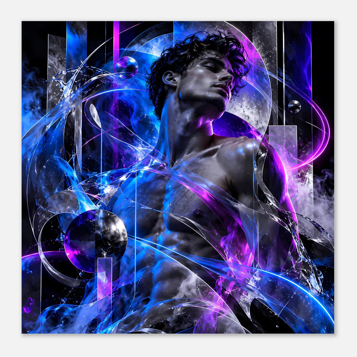 Futuristisches Poster mit kosmischer Energiefigur, zentrale Person mit blauen Strahlen und violettem Lichtbogen