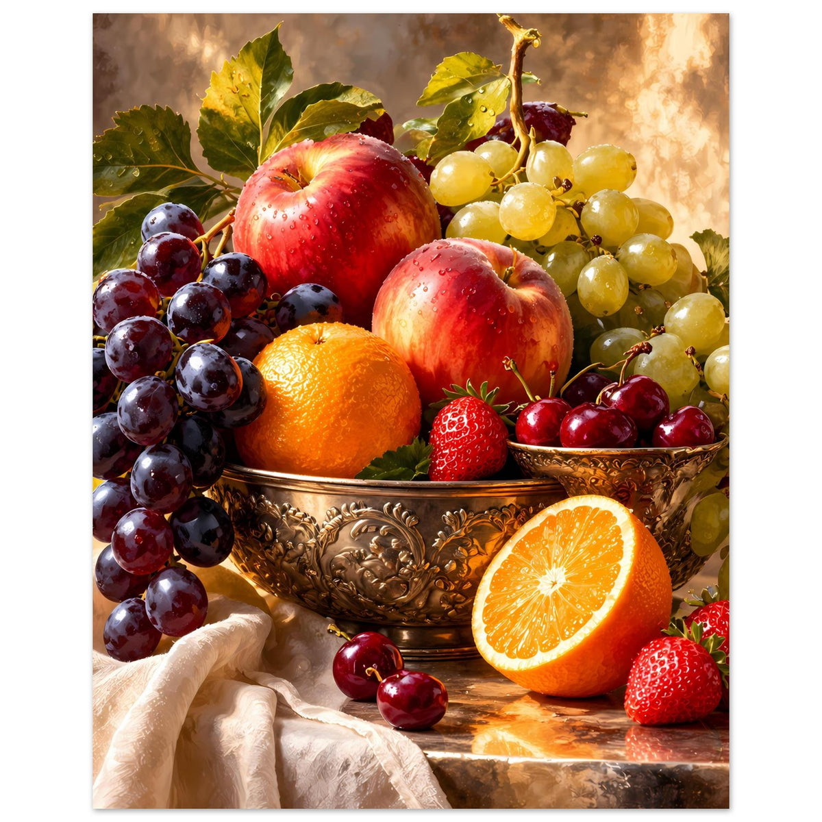 Obst-Stillleben-Poster: Kupferschale voller Früchte, umrandet von Weintrauben und Äpfeln