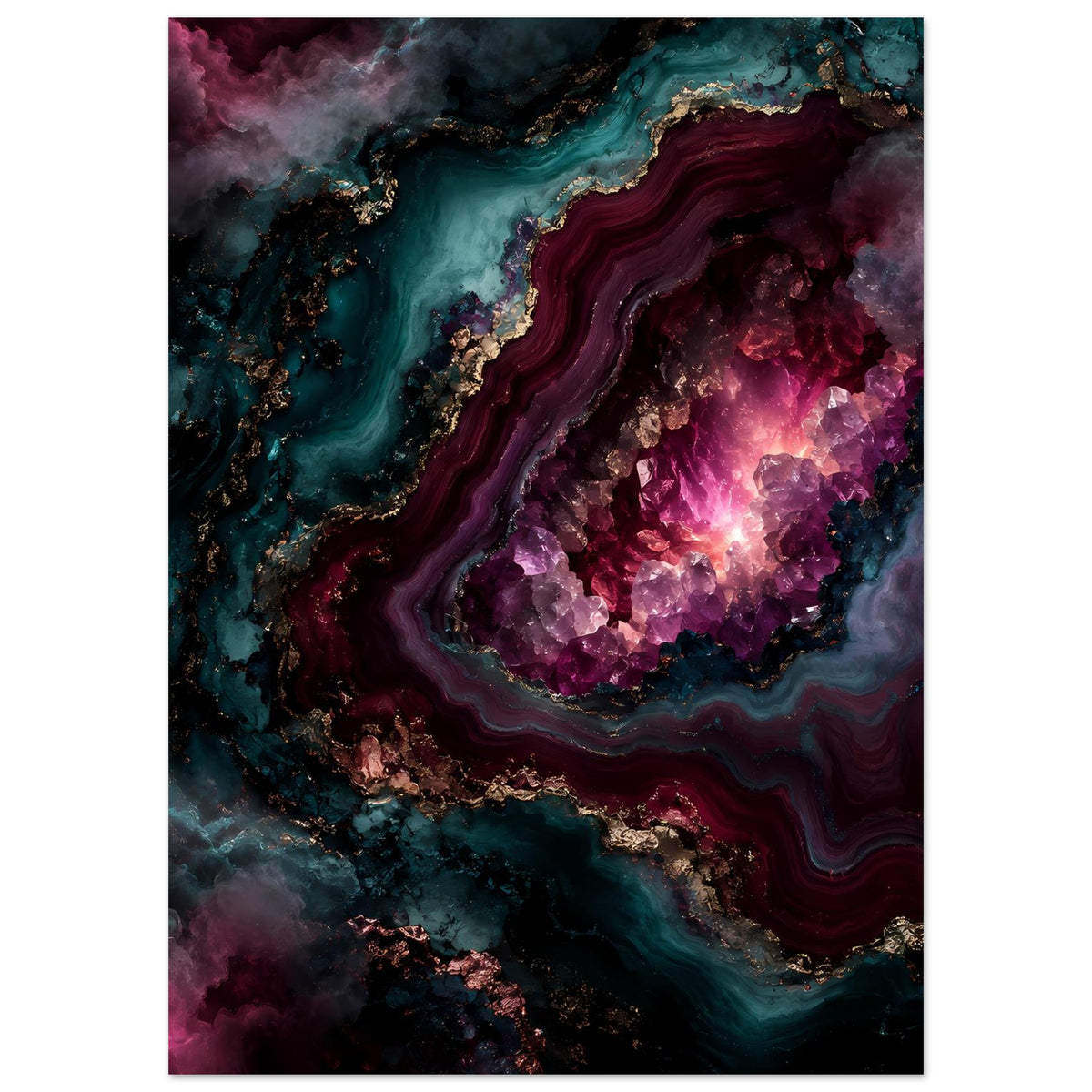 Poster im Hochformat: Amethyst-Geode Muster mit tiefem Violett, Türkis und goldenen Akzenten
