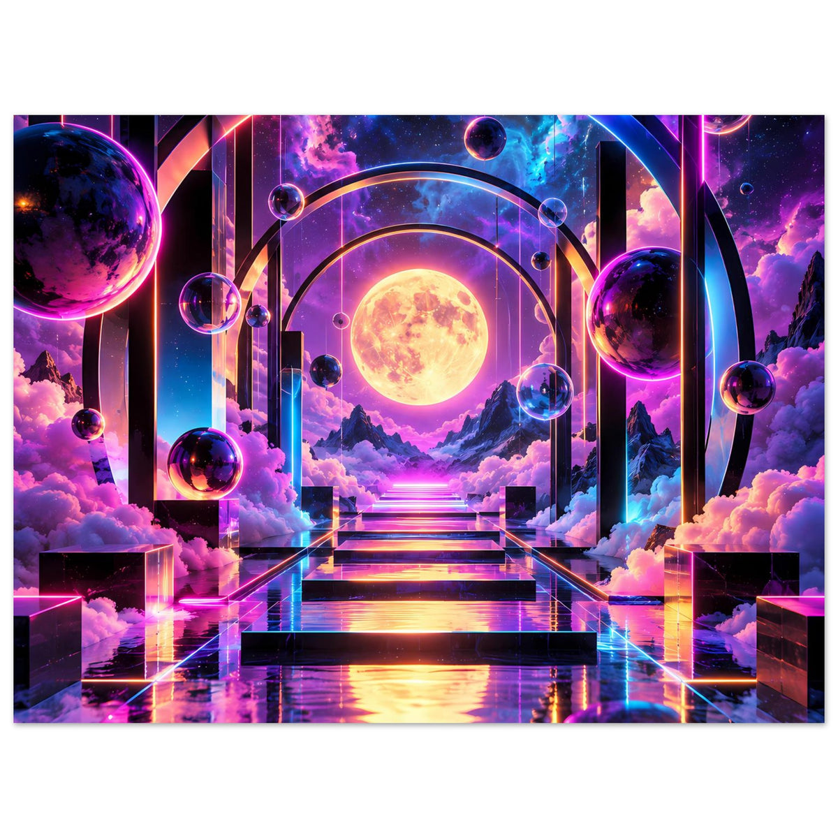 Breites Poster mit Galaxy-Traumlandschaft: Portal mit leuchtendem Mond, Planeten und Wege