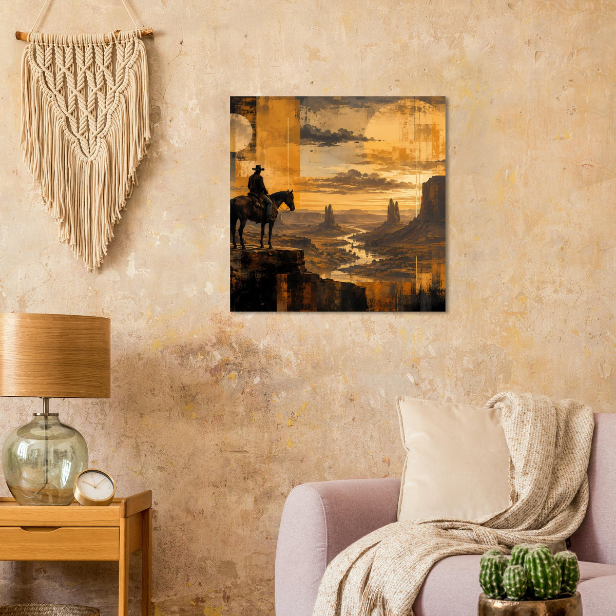 Western-Sunset-Poster mit Reiter auf Pferd vor Wüstenstadt-Landschaft, schwarzer Rahmen