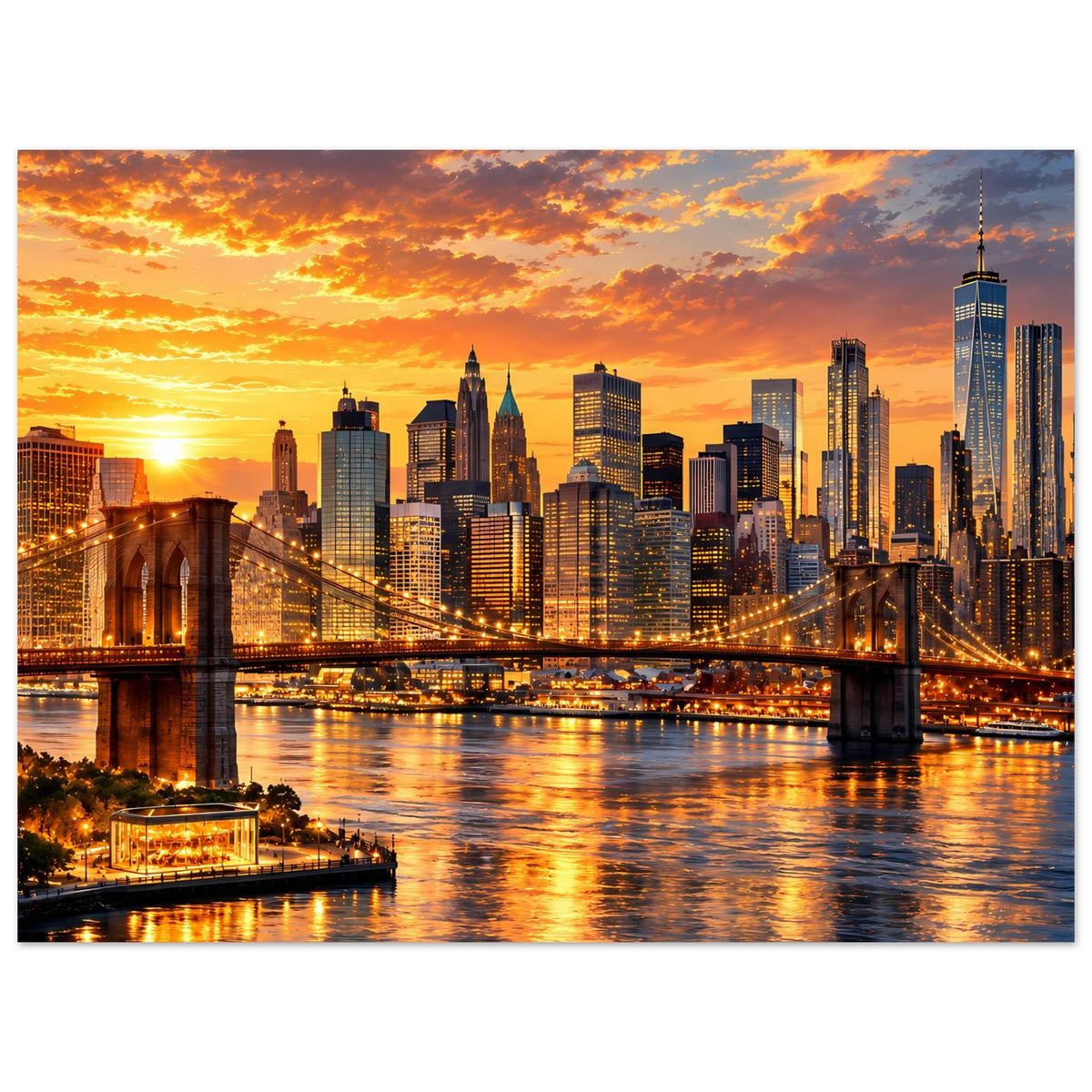 Poster im Querformat: New-York-City-Skyline im Sonnenuntergang mit Flussreflexion