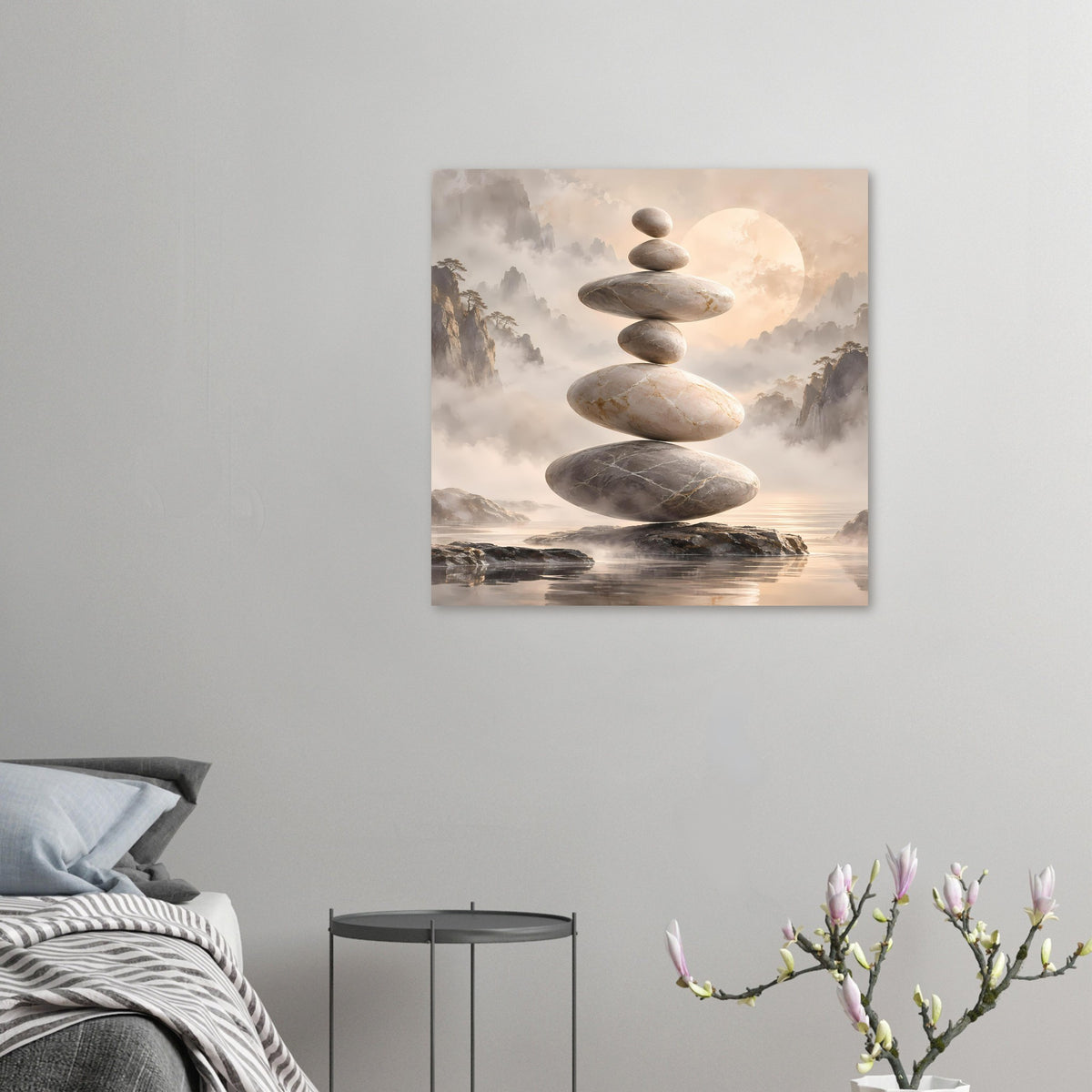 Zen-Steine in Balance vor nebligem Hintergrund in sanften Beige- und Grautönen – Posteransicht 49