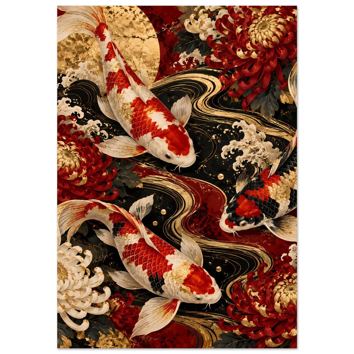 Koi-Karpfen Poster mit goldroten Chrysanthemen, roten und weißen Koi vor dunklem Wellenhintergrund