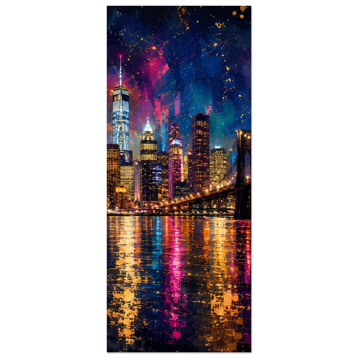 Abstraktes Stadtposter (Hochformat) mit Skyline und Hängebrücke bei Nacht, Reflexionen im Wasser