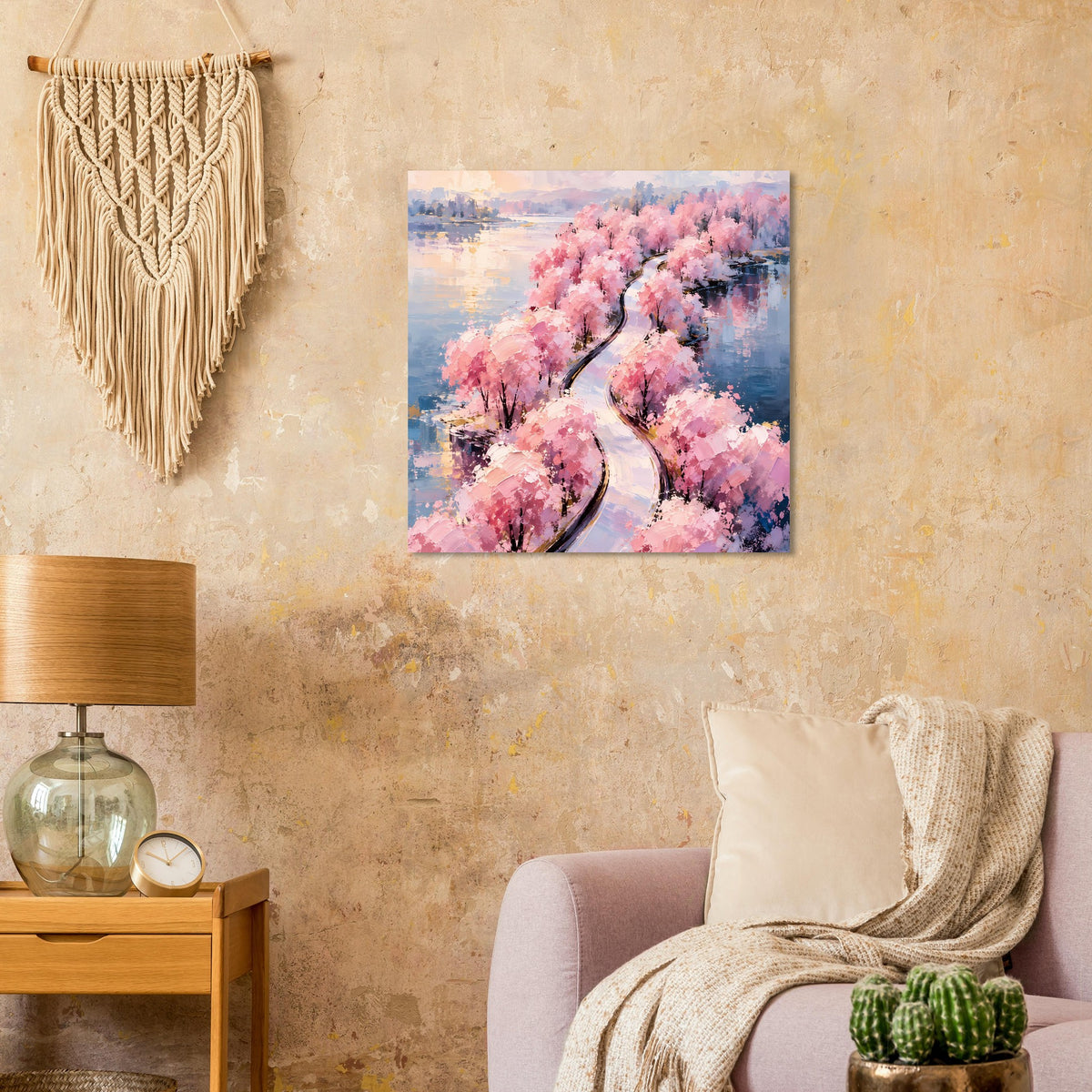 Quadratisches Poster mit pinken Blüten und einem geschwungenen dunklen Weg im Vordergrund