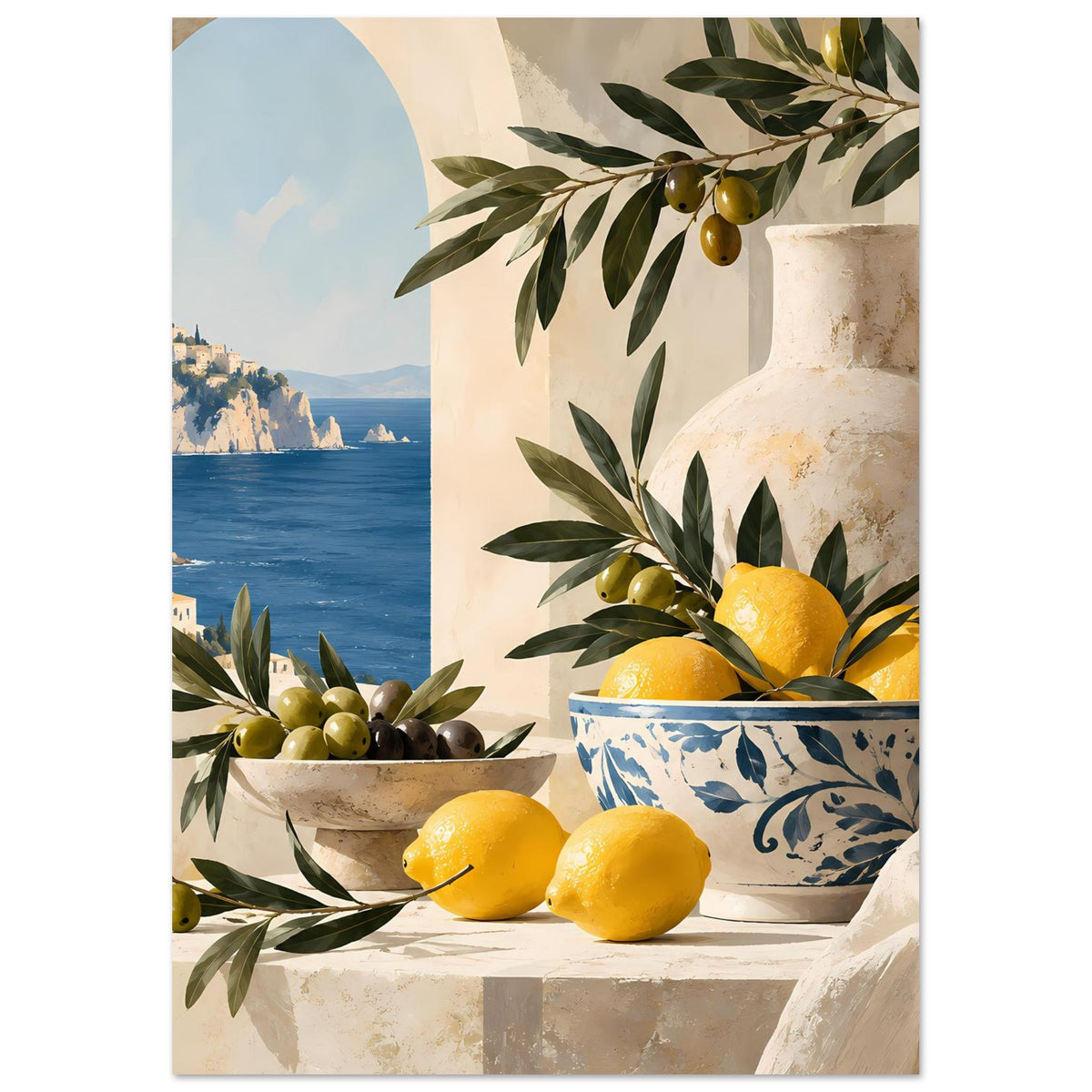 Poster mit Zitronen und Oliven: blau-weiße Schale, große Vase und Meereslandschaft links