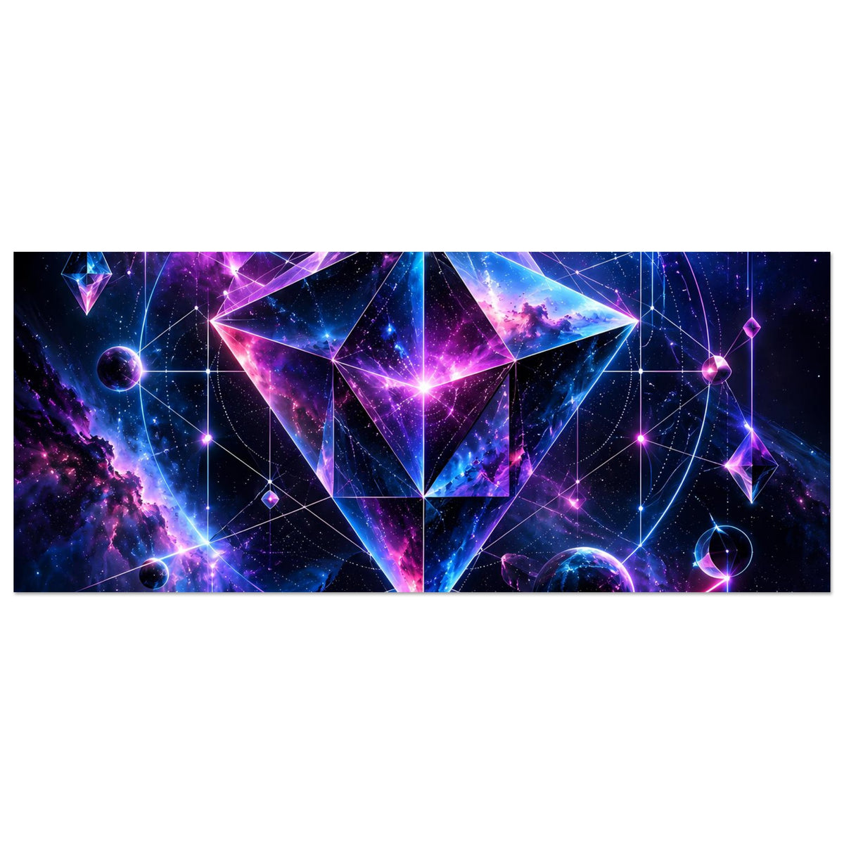 Querformat-Poster: Ausschnitt des kosmischen Geometrie-Sterns mit Planeten, Linien und leuchtenden Punkten