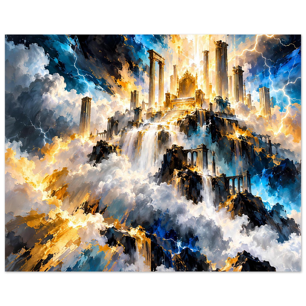 Fantasy-Poster, querformat: goldene Beleuchtung, Wasserfälle aus Wolken und blaue Felsenruinen