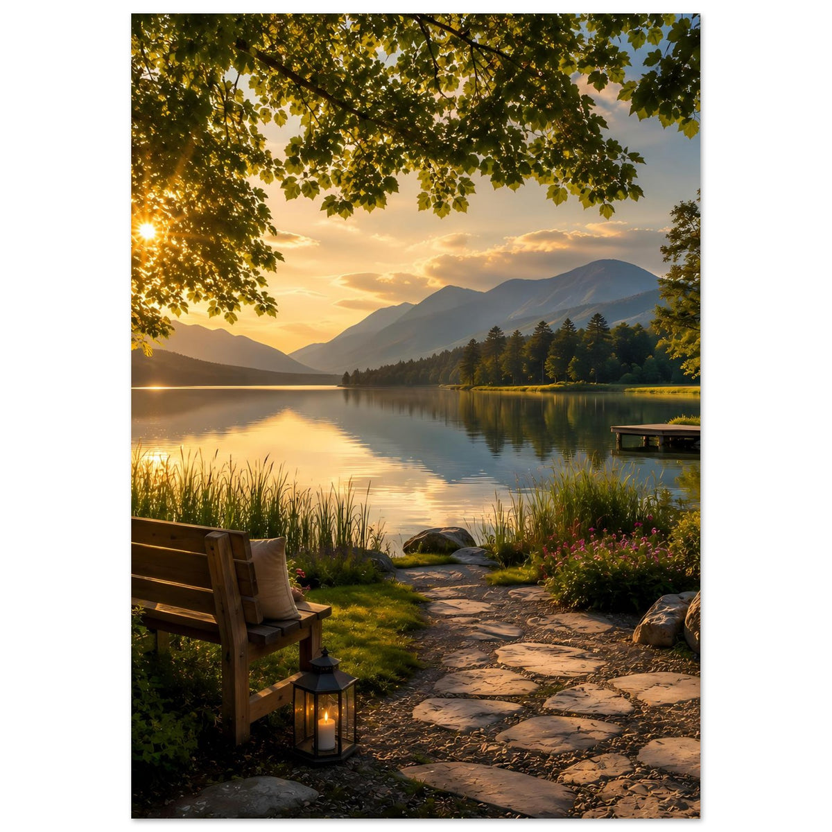 Kunstdruck-Poster mit Blick über den See, Bank am Uferweg und Laterne im Vordergrund