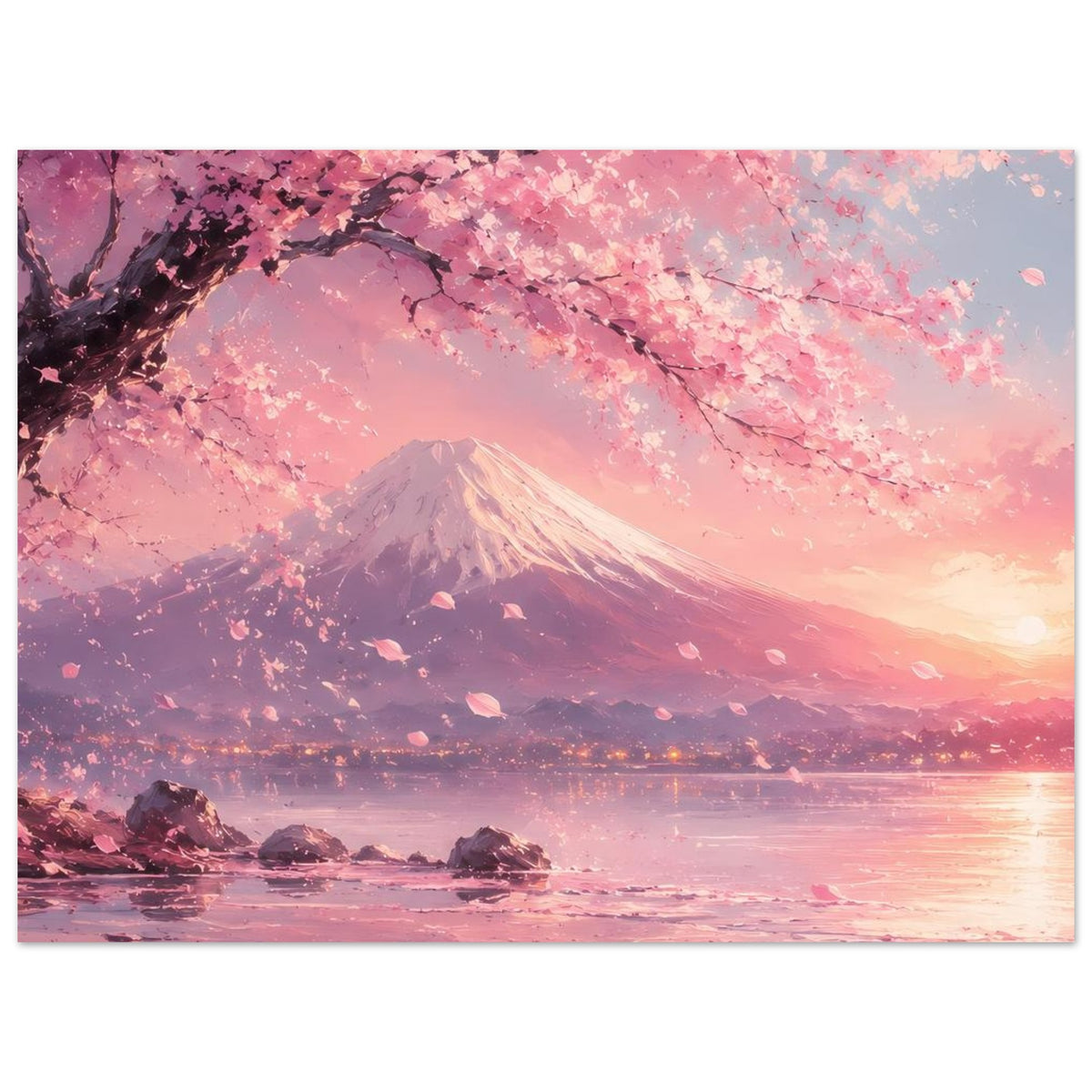 Poster im Querformat mit Fuji, rosa Kirschblüten und Abendsonne über ruhigem Wasser