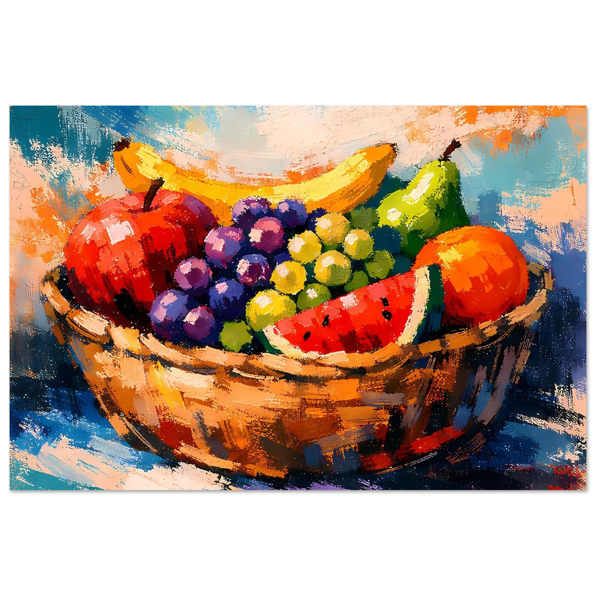 Obstkorb-Poster mit gemalter Schale voller Früchte, orange, blau, grün und lila Farben