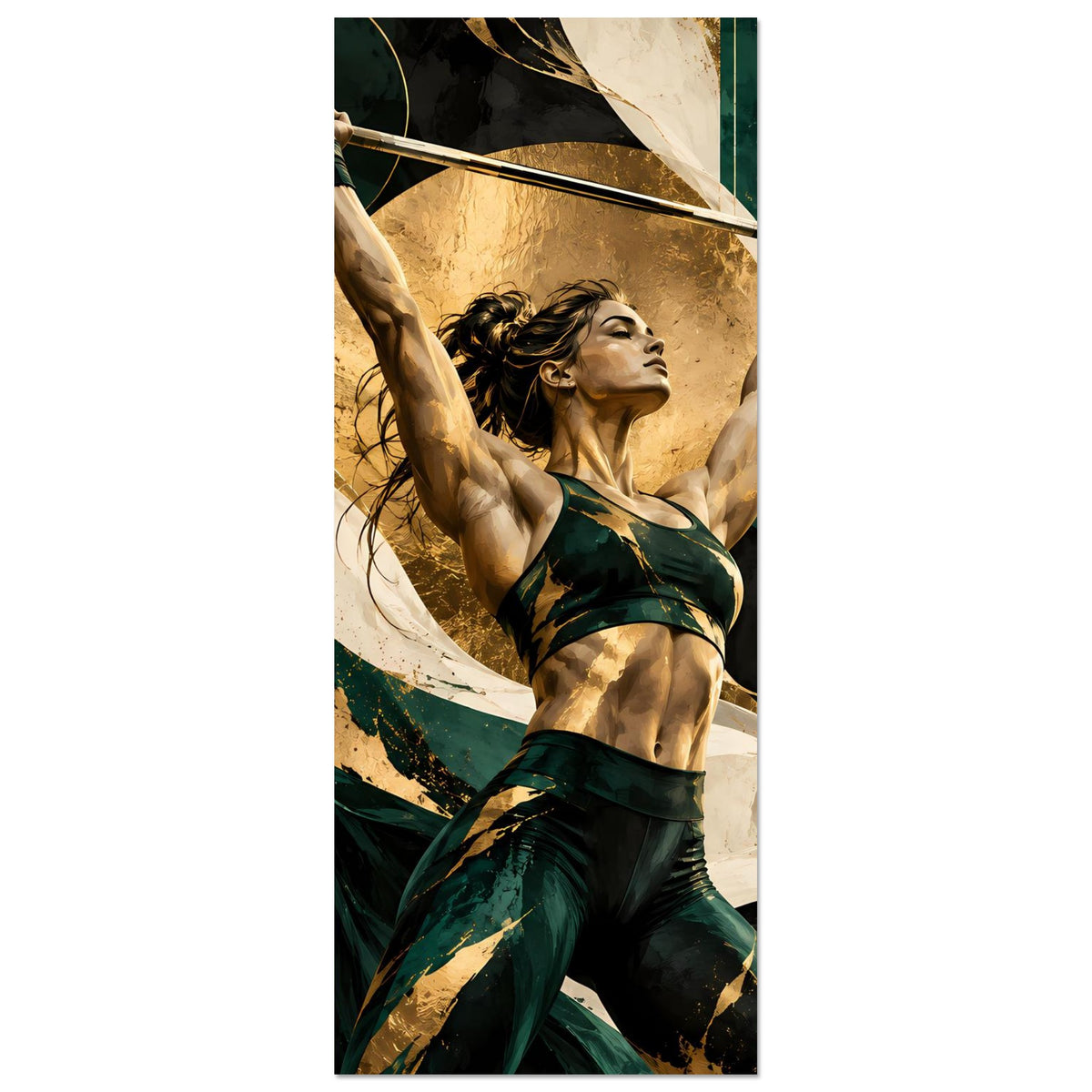 Kunstposter im Hochformat mit Athletin im grünen Sportoutfit und Hantel über dem Kopf