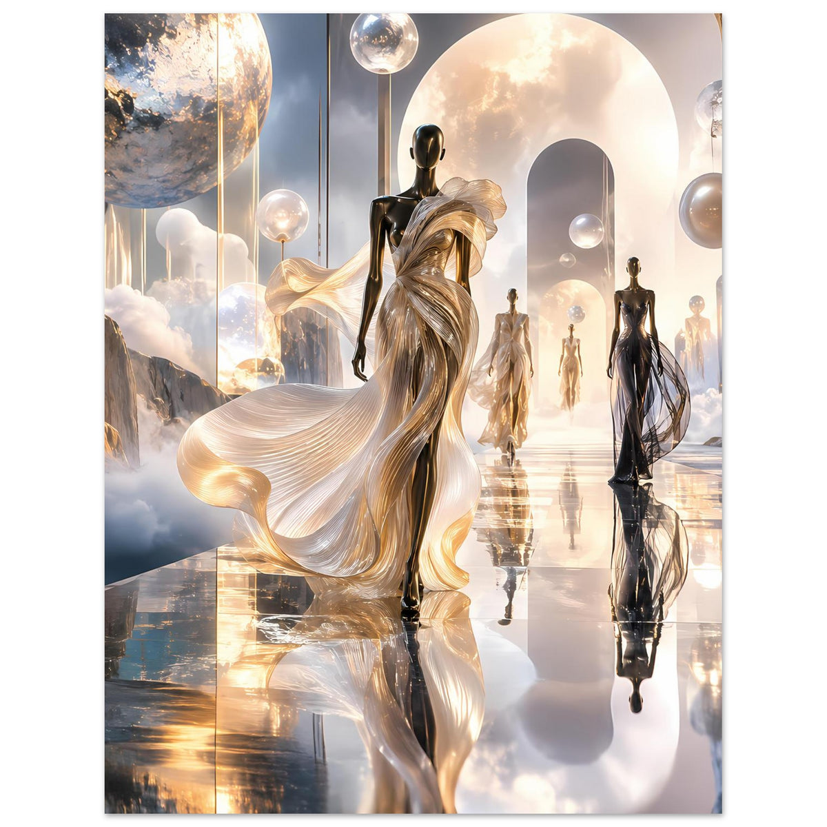 Ethereal wirkendes Poster mit goldener, schwebender Frauenfigur und schwarzen Models im Laufsteg
