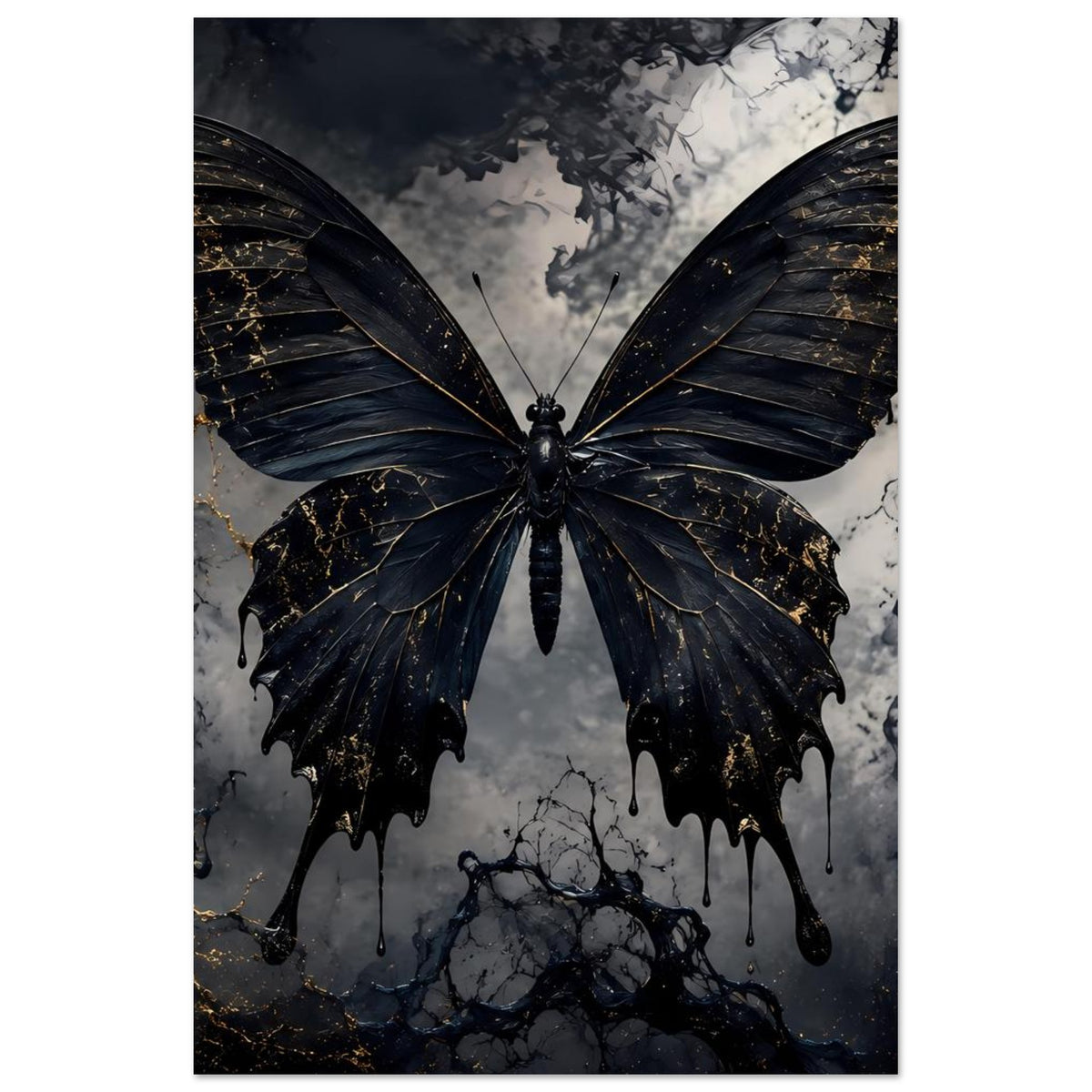 Poster im Hochformat mit schwarzem Schmetterling und goldenen Adern vor marmorierter Fläche