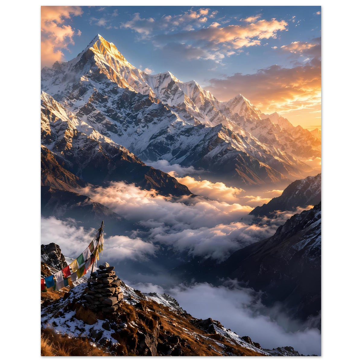 Hochformatiges Bergposter mit Sonnenaufgang, Gebetsfahnen links und Wolkenmeer