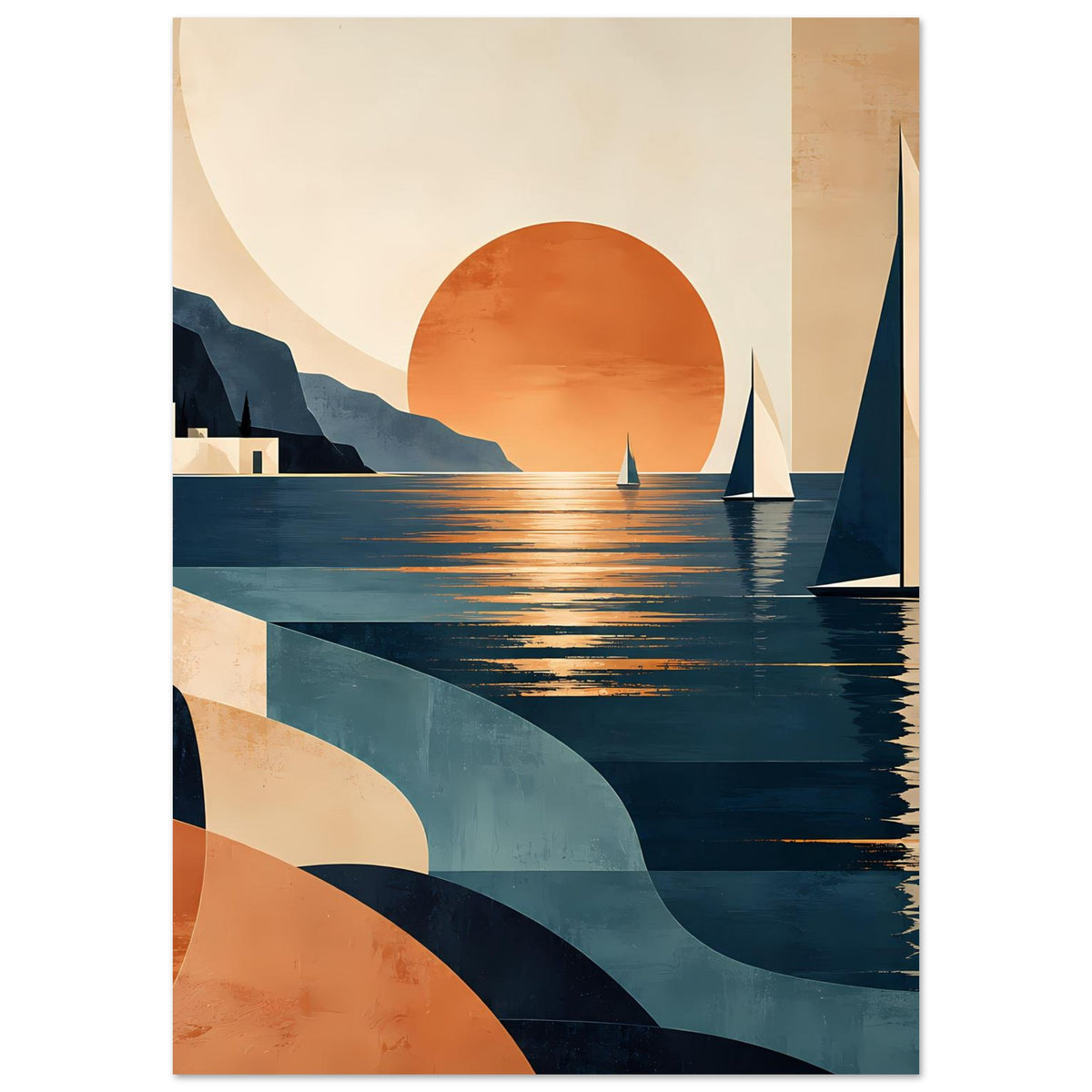 Hochformat-Poster mit Meerblick beim Sonnenuntergang: Segelboote, orangefarbener Halbmond, Küstenlinien