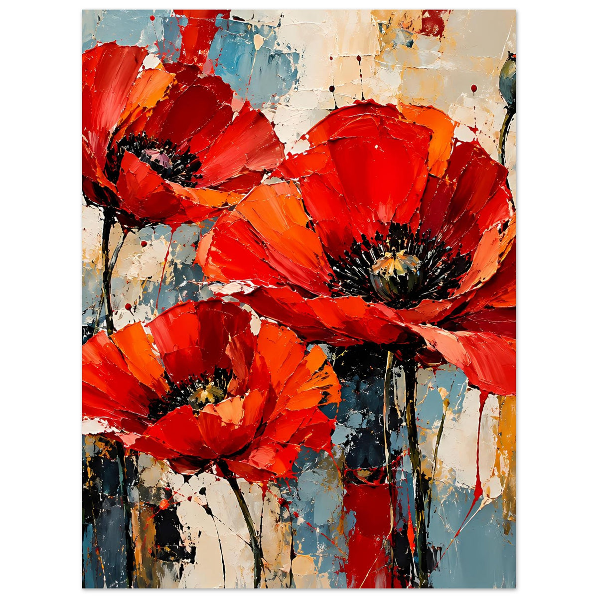 Hochformatiges Poster mit roten Mohnblüten, orange Akzenten und Spritztechnik