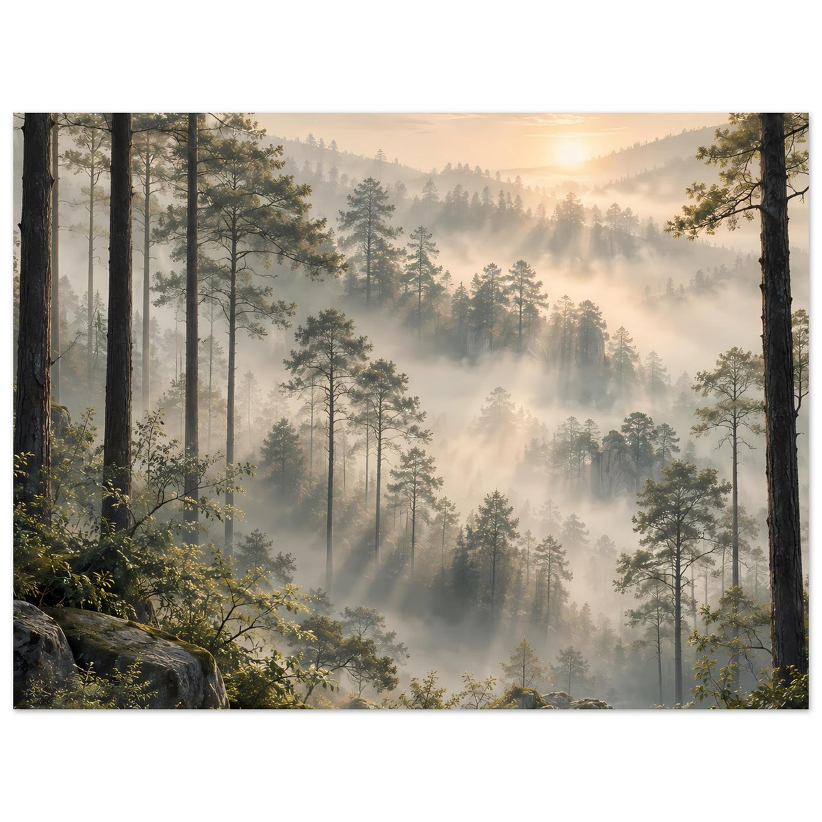 Horizontales Poster mit nebligem Wald, hohen Baumstämmen und goldenem Himmel