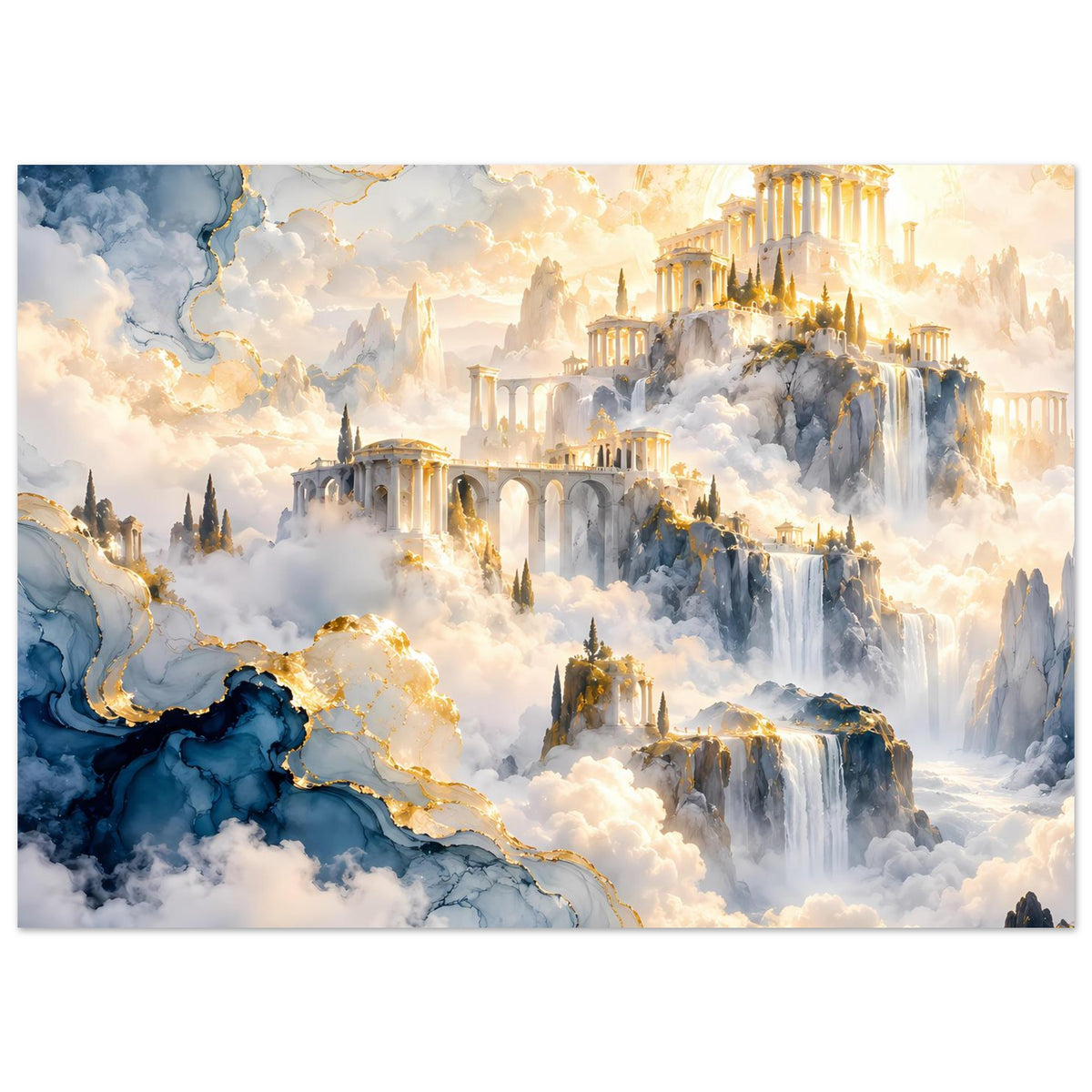 Querformat-Poster mit blauem Gestein, goldenen Adern, Wolken und futuristischen Tempeln