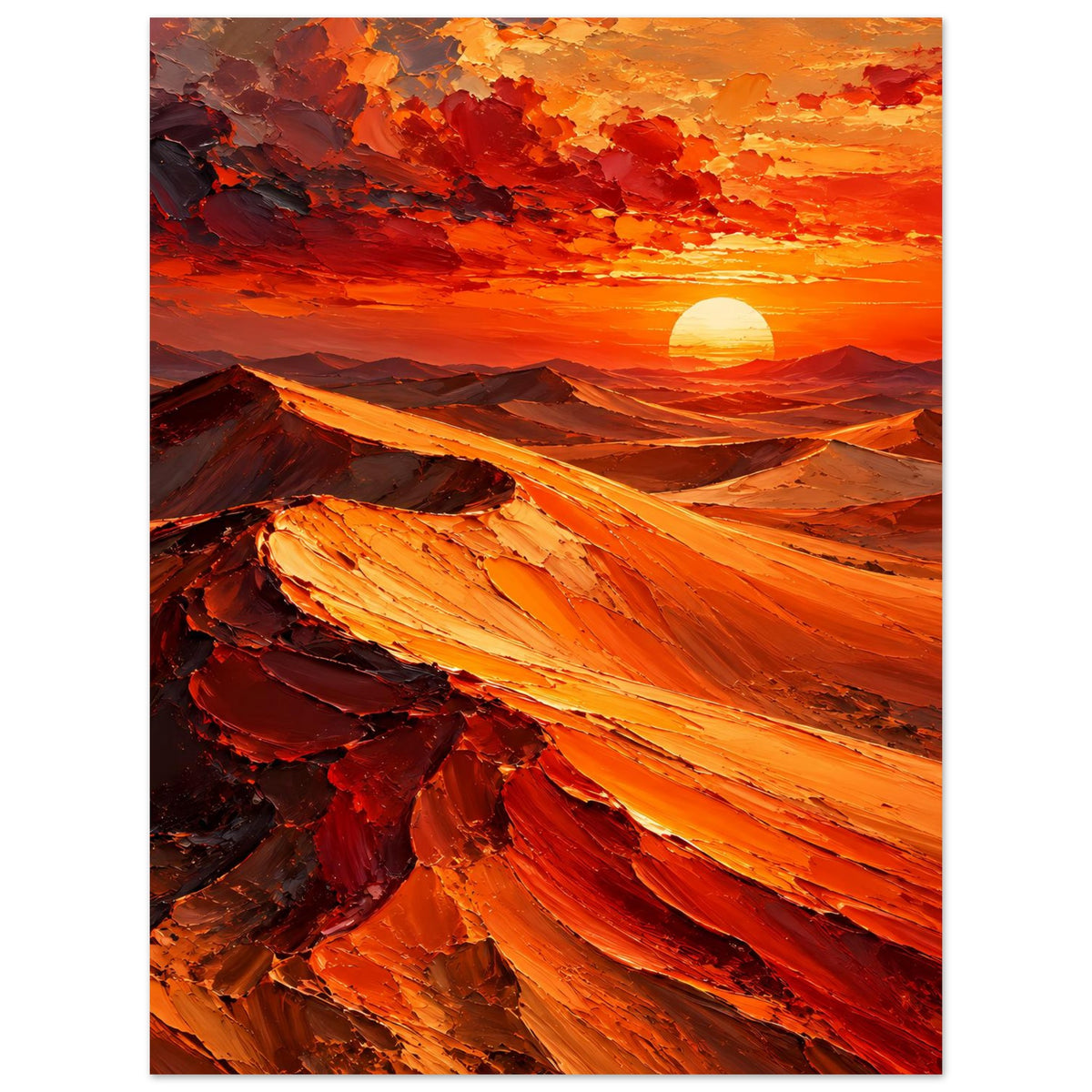 Poster: Wüste bei Sonnenuntergang, glühende Sonne und scharfe Dünenlinien
