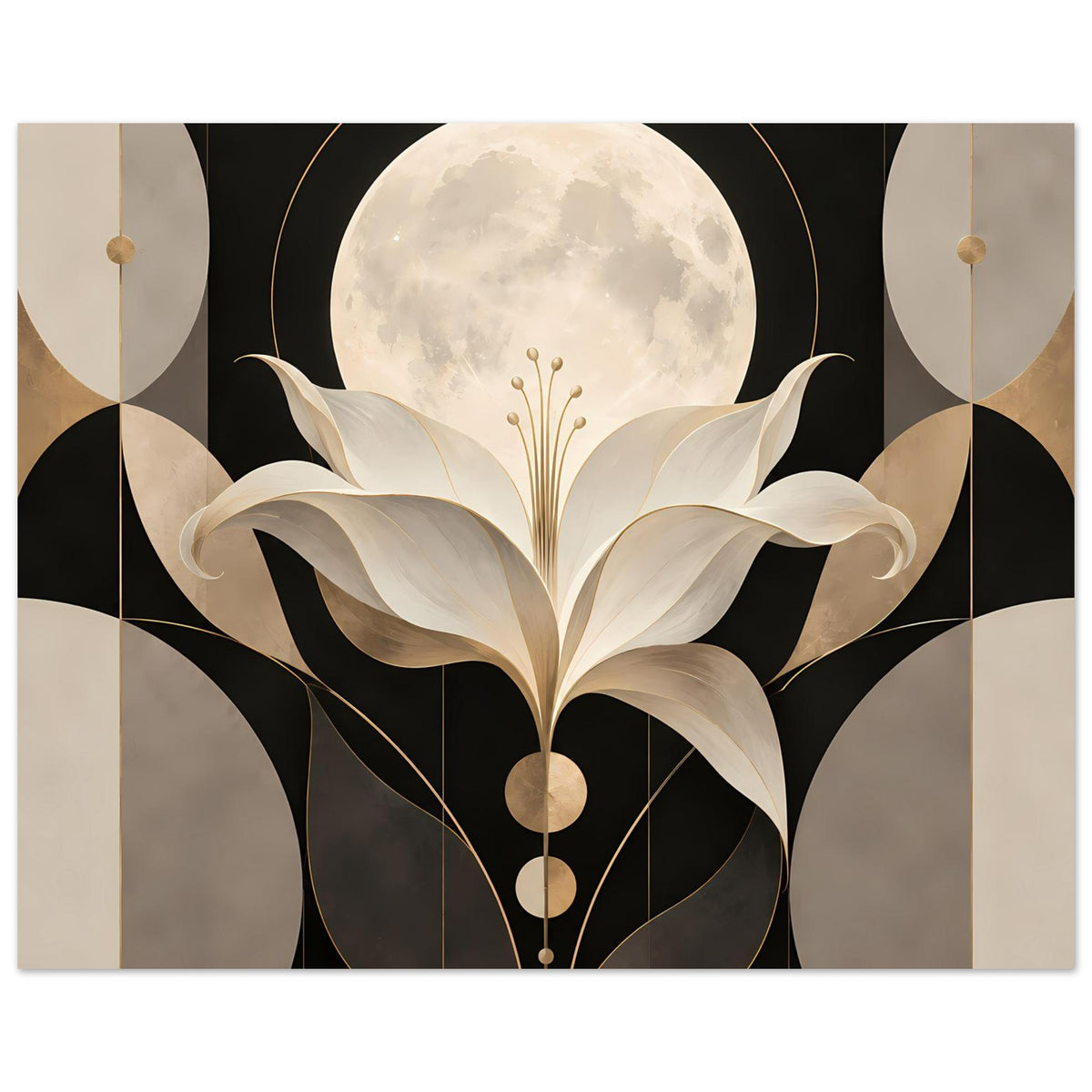 Art-déco-Poster mit goldener Lilie und Mond in Schwarz, Creme und Gold