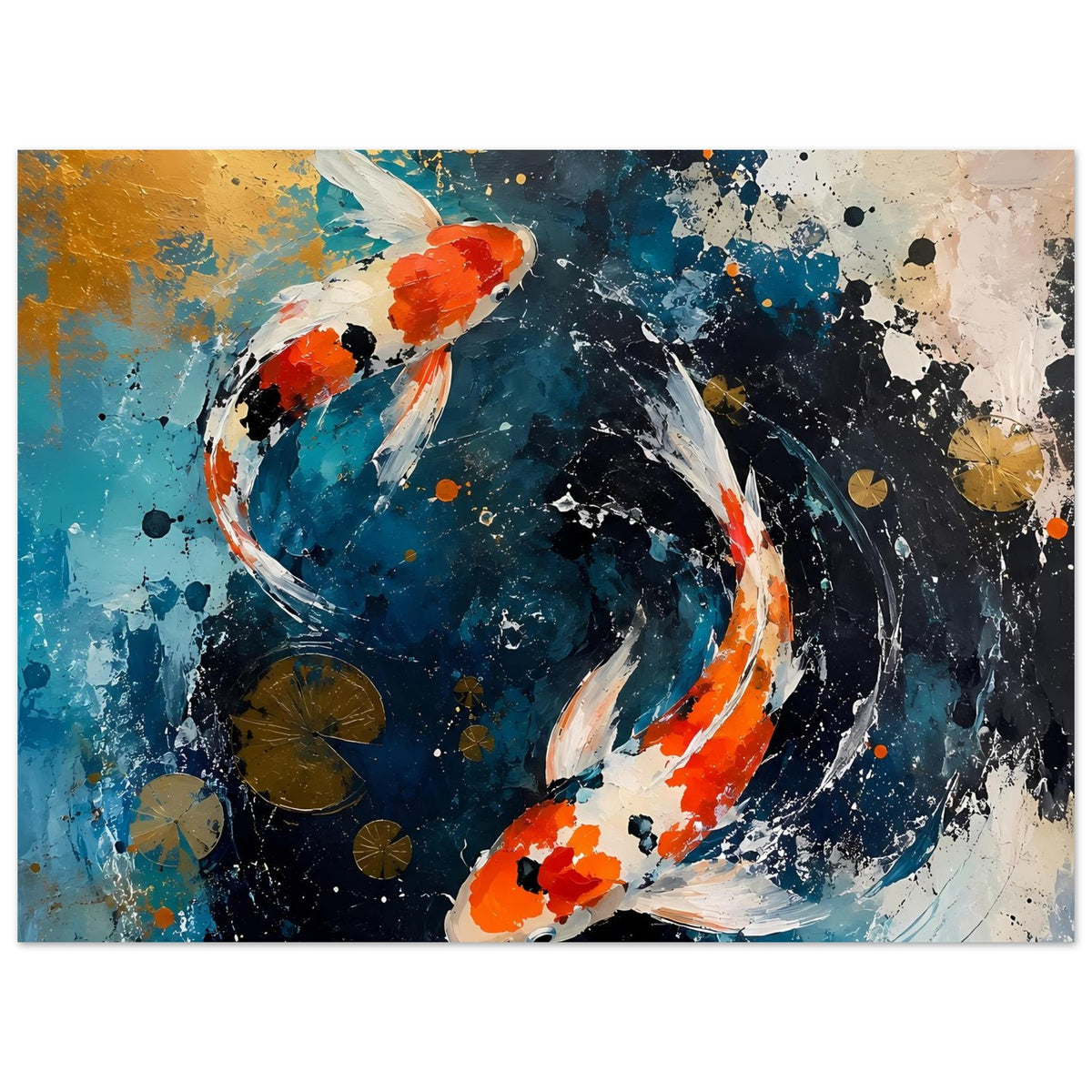 Poster mit zwei Koi-Fischen, orange-weiße Flossen, abstrakter Farbwirbel in Blau und Schwarz