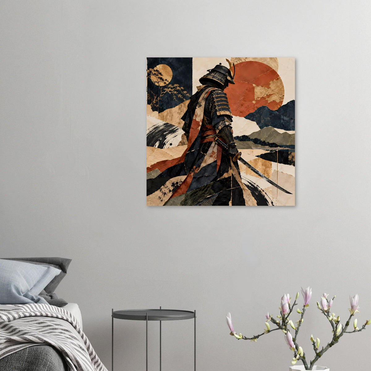 Kleines Samurai-Silhouette-Poster, diagonale Figur mit Schwert vor abstrakter Landschaft