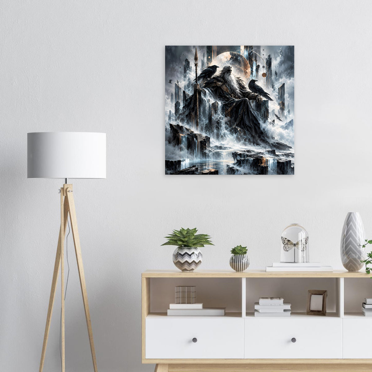 Mythologie-Poster: nordischer Gott auf Thron mit Raben, stürmische Wolken und Mond