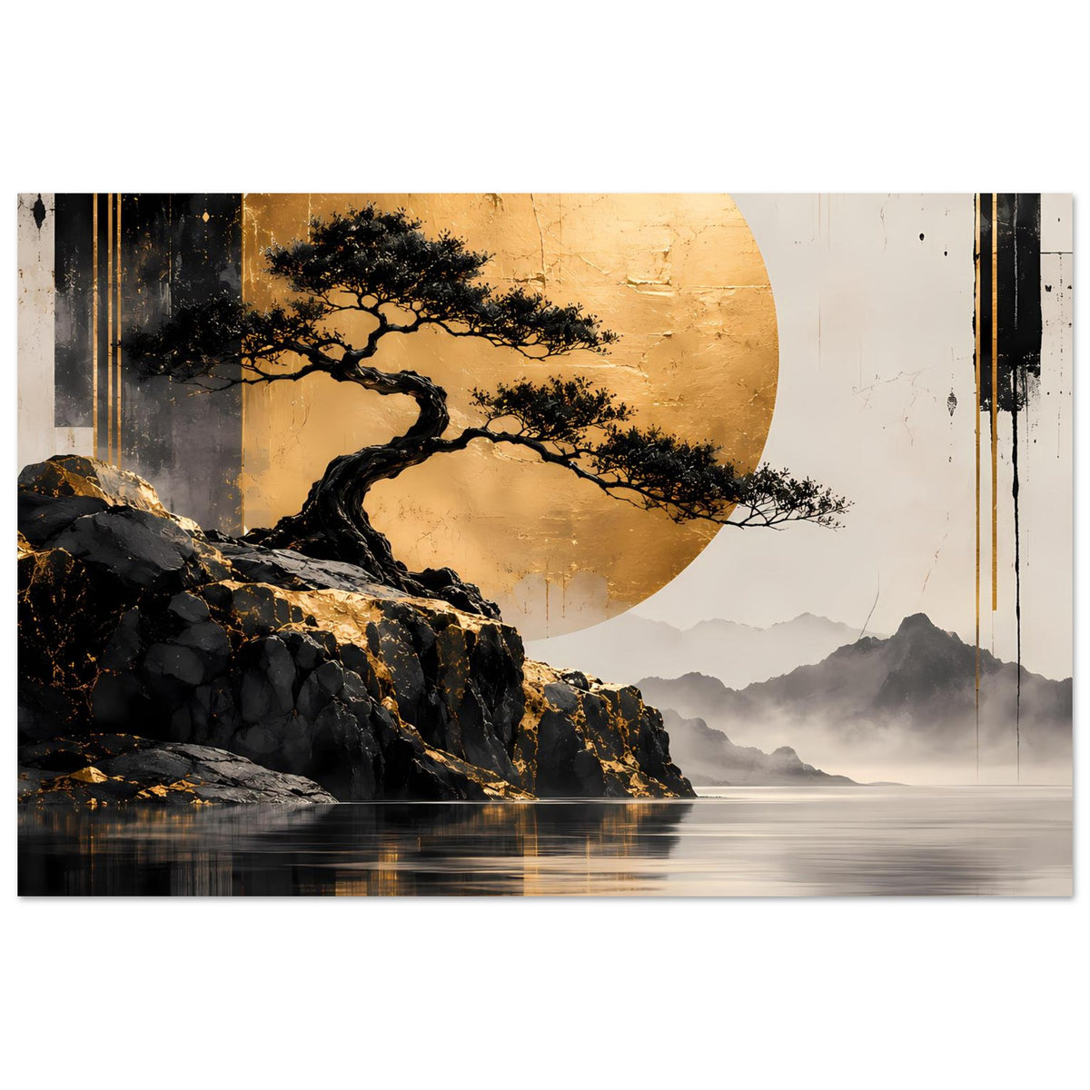 Zen-Poster mit goldener Mondscheibe, schwarzem Baum, dunklen Steinen und Bergnebel