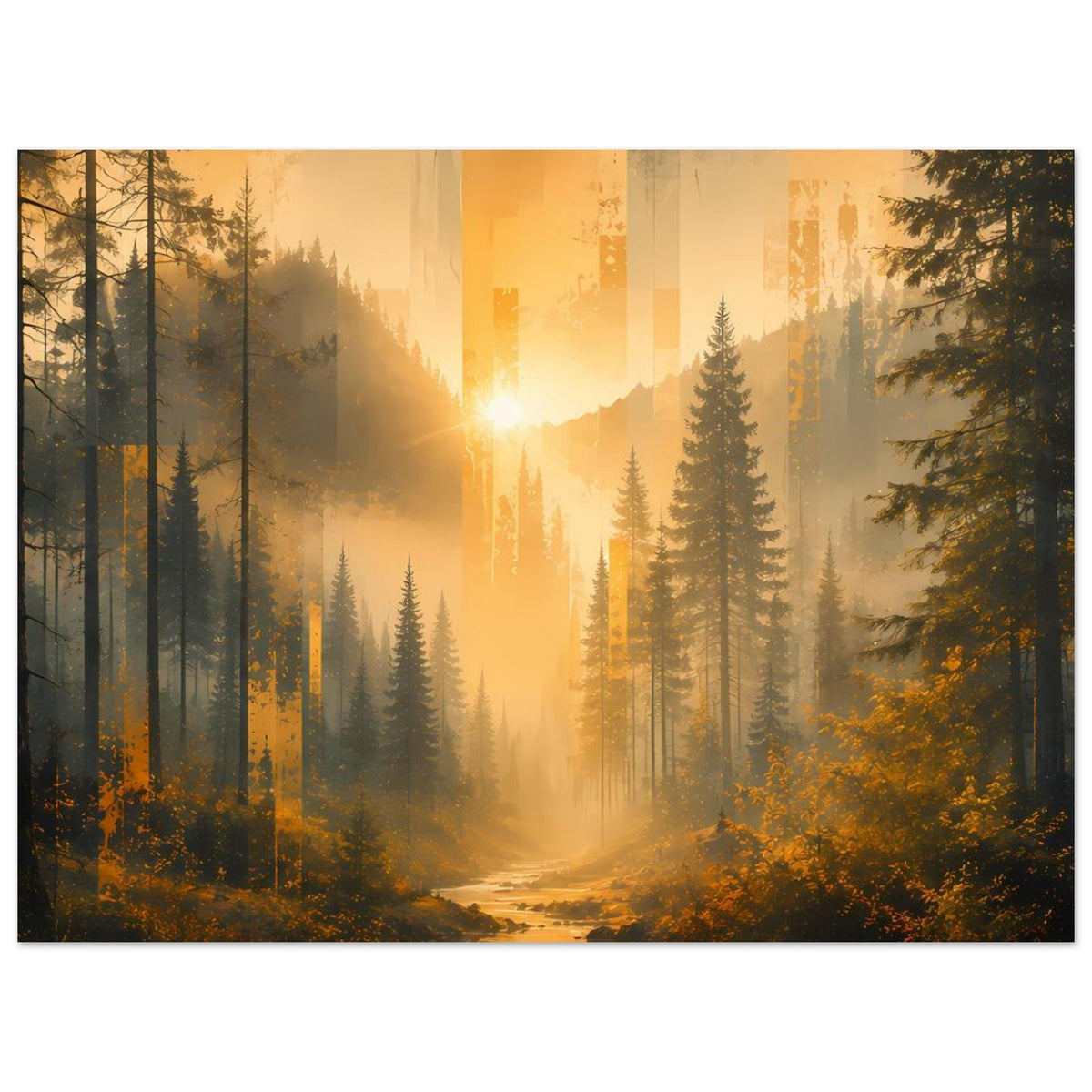 Naturposter: sonnenaufgehender Nebelwald mit Fluss im Vordergrund, Hochformat