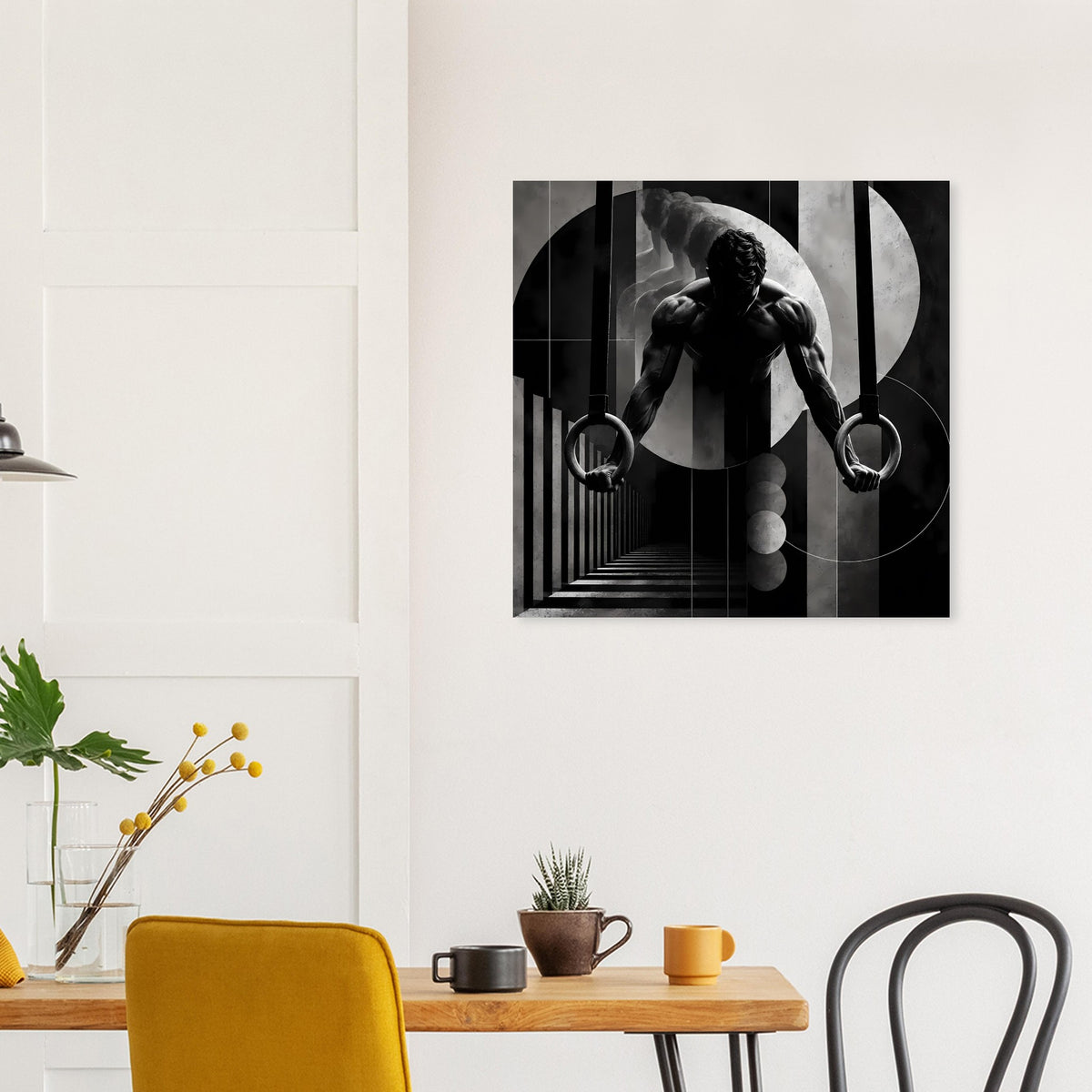 Schwarz-weißes Gymnastikposter (quadratisch) mit Turnerin an Ringen und starken Schatten