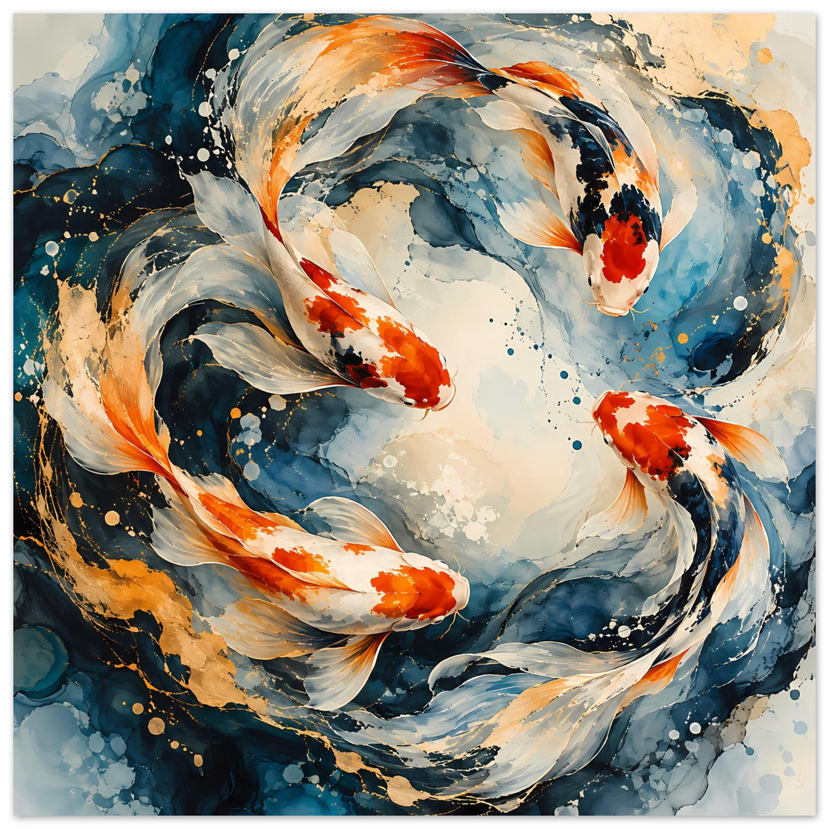 Japanisches Koi-Fisch-Poster im Querformat: große Koi-Schwingen, blau und orange