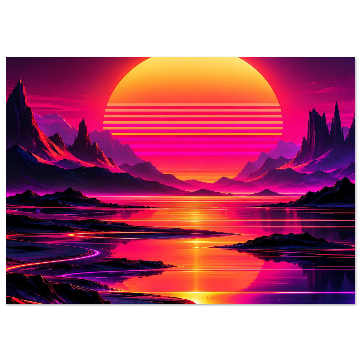 Neon-Poster im Querformat: gelbe Sonne, Neon-Berge und magenta Wasserreflexe.