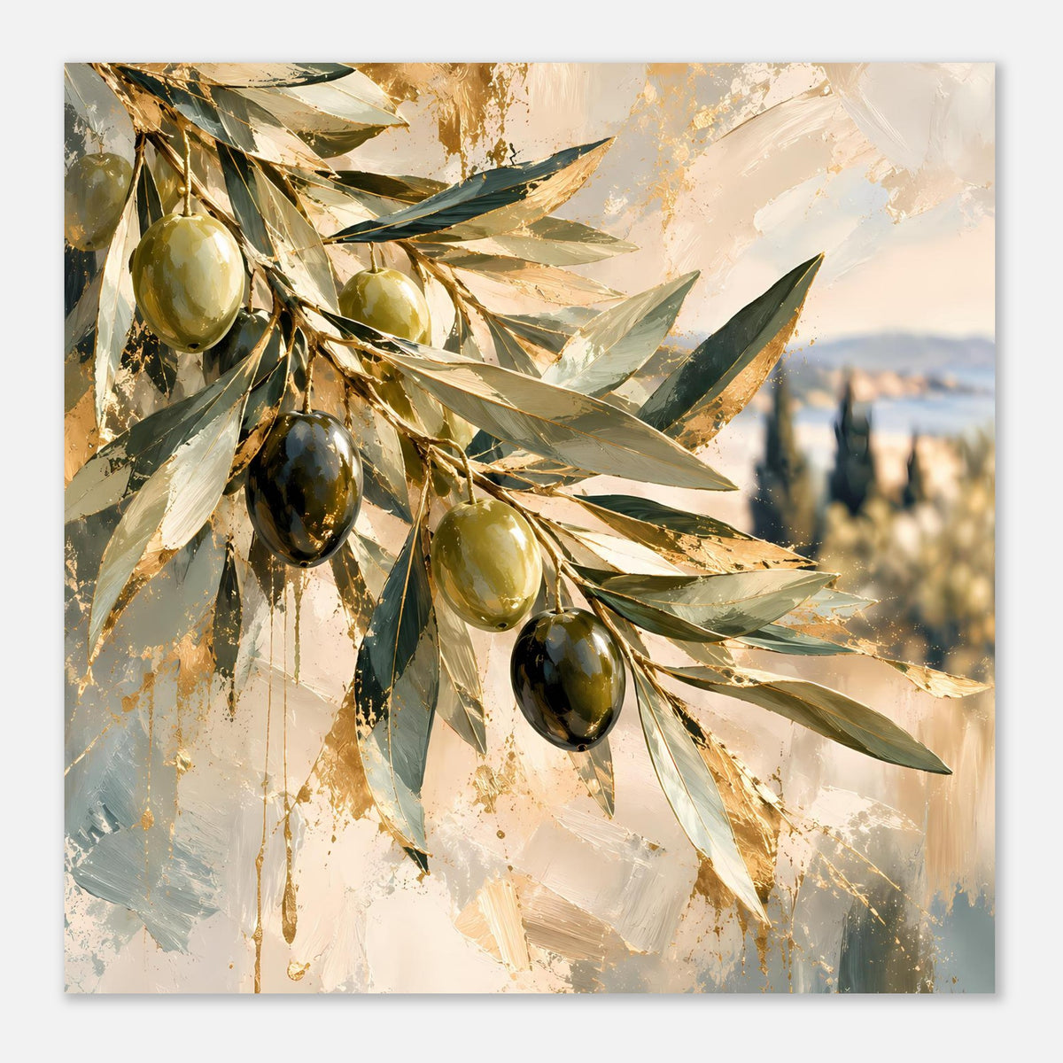 Olivenzweig-Kunstposter mit goldenen Oliven und grünen Blättern, abstraktem Hintergrund