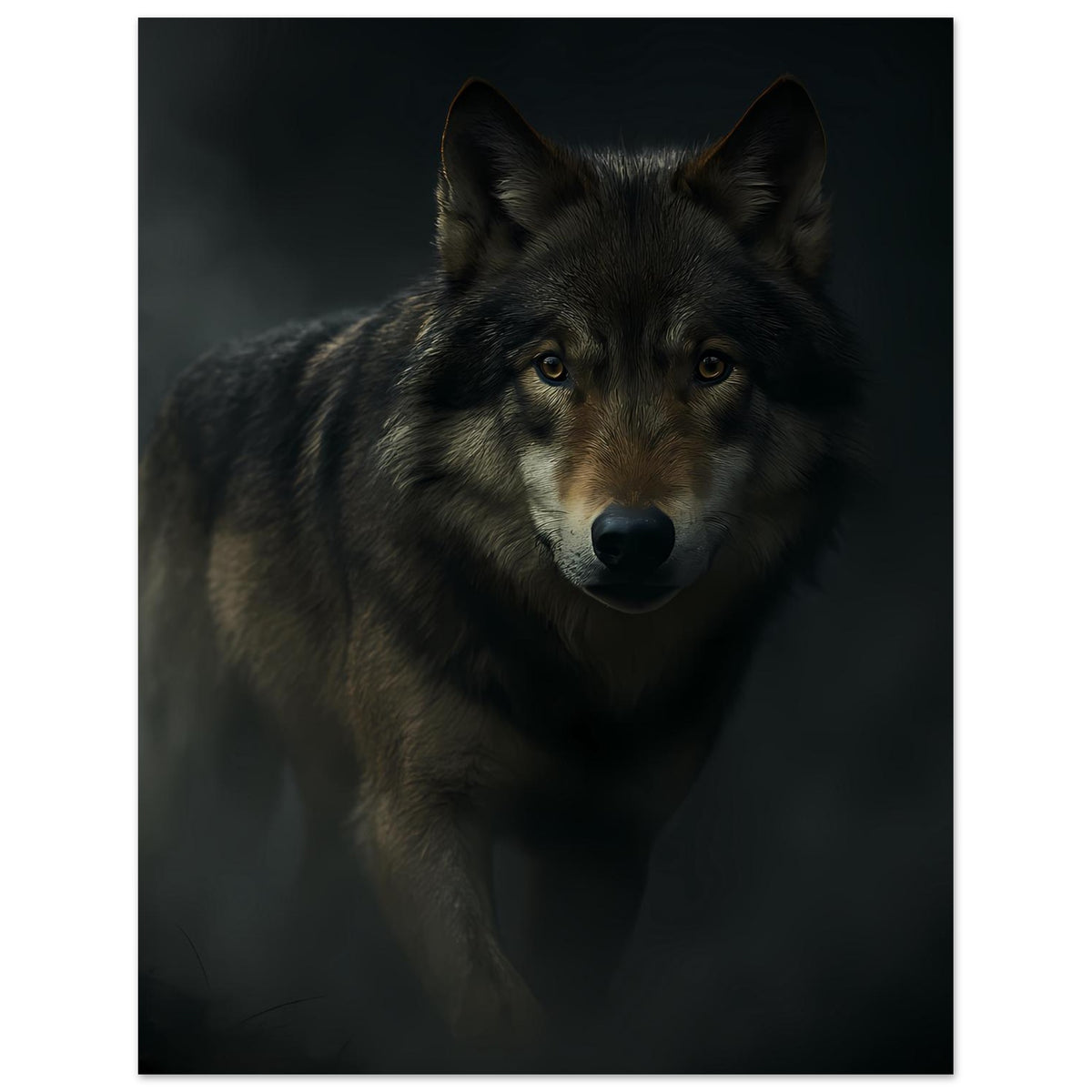 Wolfsporträt-Poster, hochformatig, düster inszenierter graubrauner Wolf