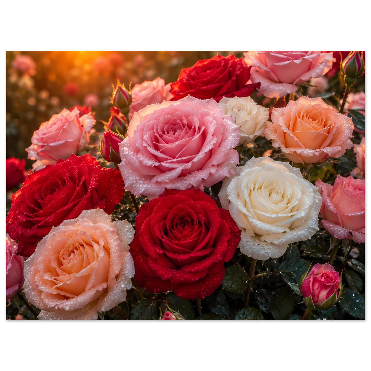 Poster mit Rosenstrauß und Knospen, kombiniert aus roten, rosa, apricot und weißen Blüten
