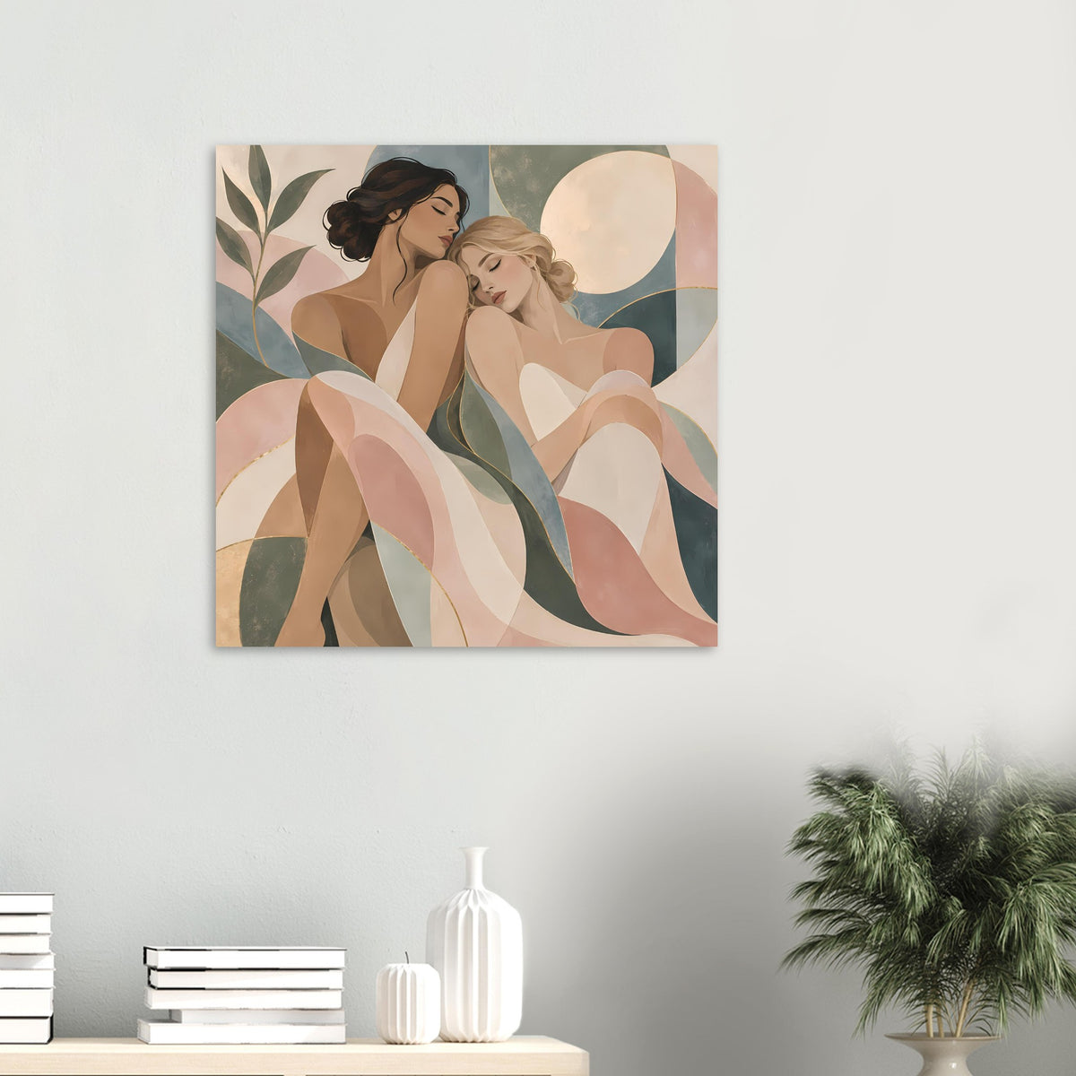 Poster mit zwei Frauen in Pastellfarben, sanften Farben, floralen Blättern und abstrakten Formen