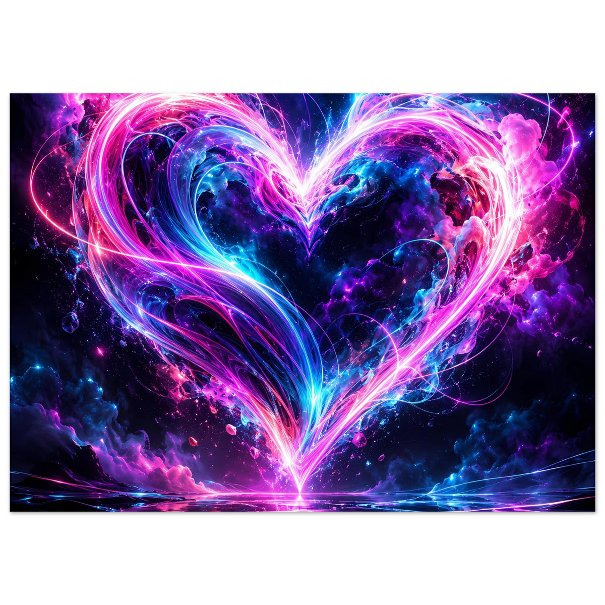 Modernes Kunstposter mit leuchtendem Neonherz in Pink und Blau, horizontal, mit Lichtreflexion