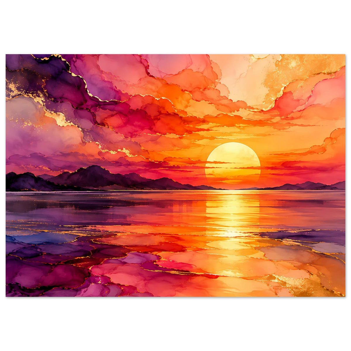 Poster: Gelbe Sonne am Horizont, violette Felsen am Ufer, orangegoldener Himmel.