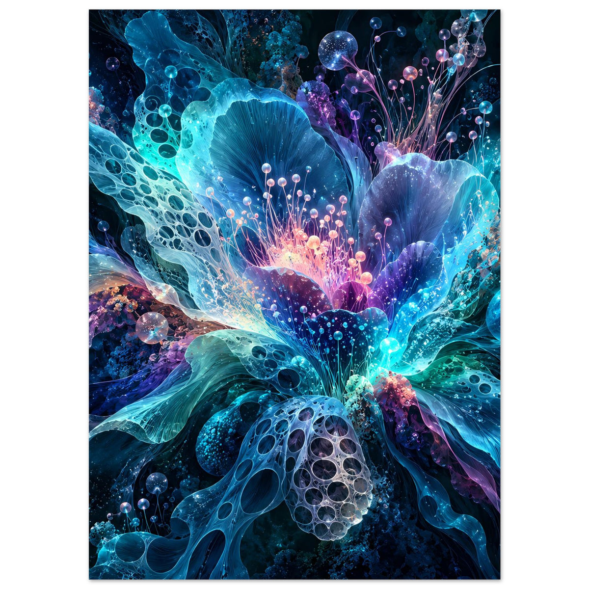 Vertikales leuchtendes Blumenposter mit blauem Blütenkelch, violetten Stielen und Funkeln